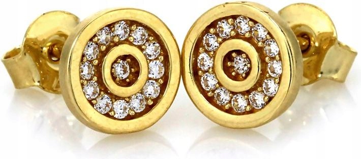 Zlaté náušnice 585, kulaté šroubky se zirkony, elegantní jako dárek 14k