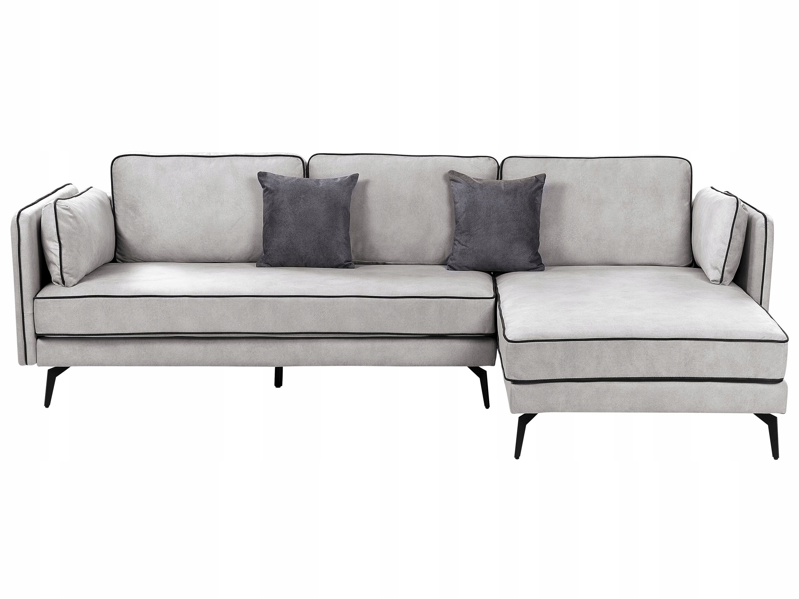 Tapicerowana sofa narożna z poduchami jasnoszara