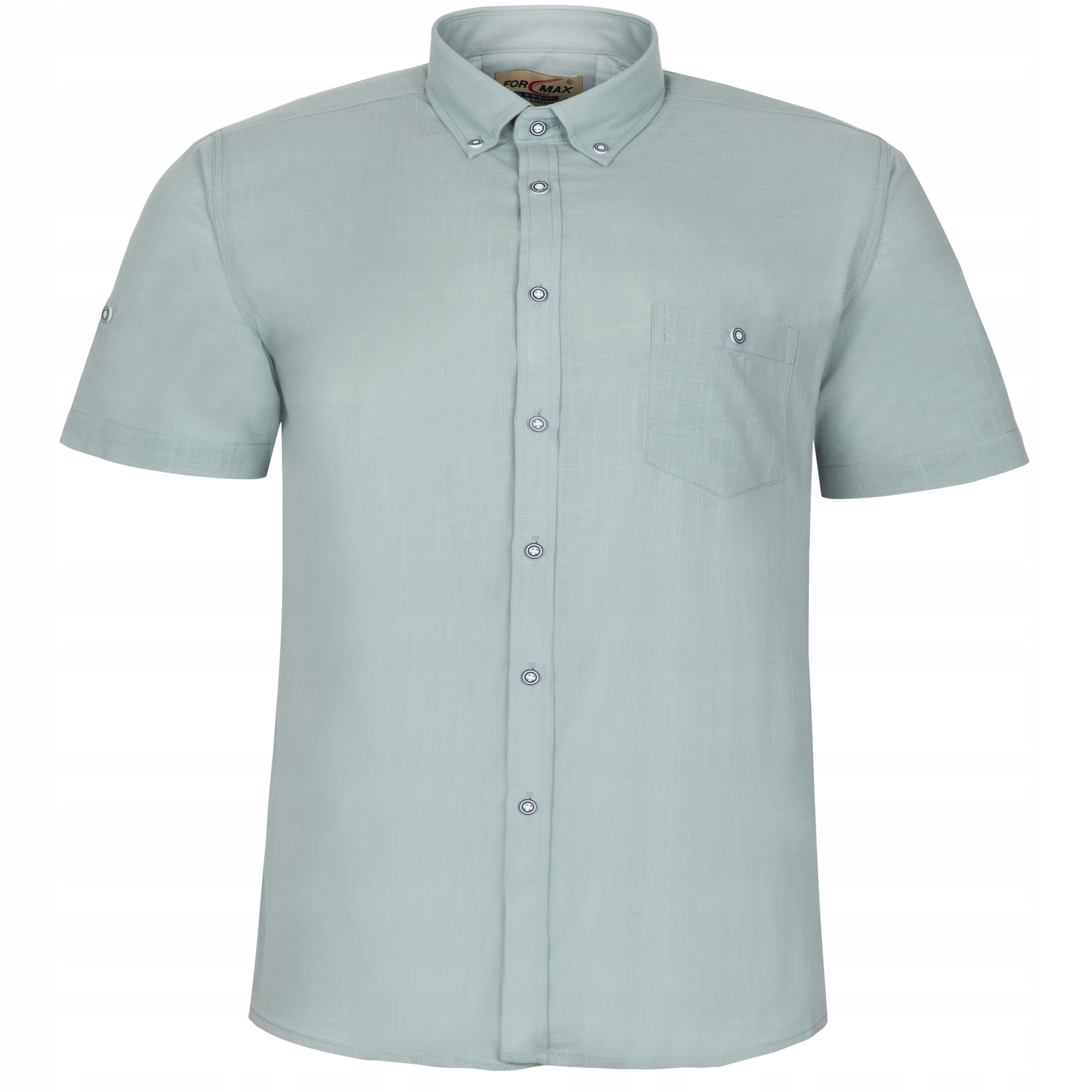 Duża Lniana Bawełniana Koszula Męska Oliwkowa Krótki Rękaw 4XL 47/48