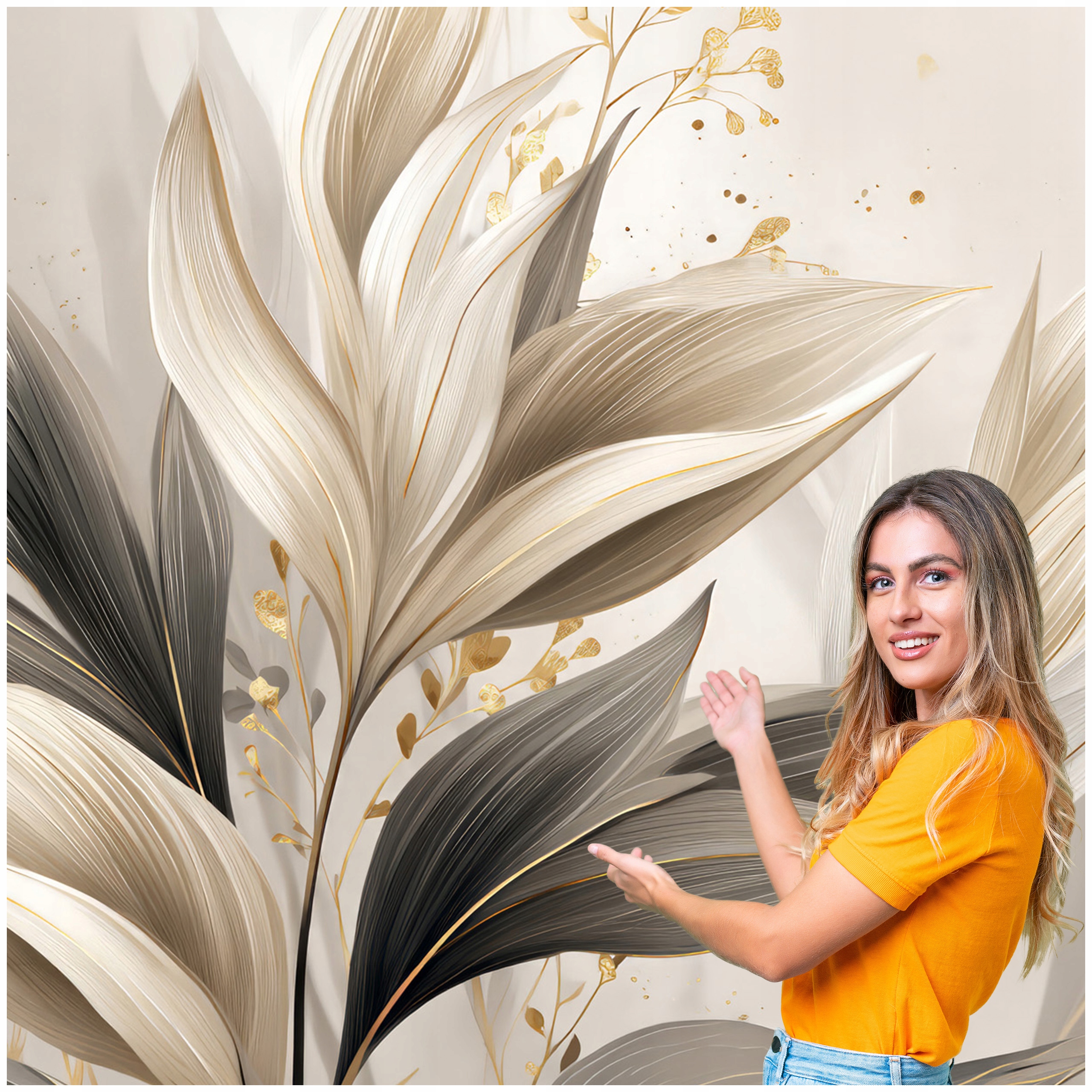 Fototapeta Salón Spálňa Listy Abstrakcia Zlato Béžová 490x280 LAZB03W