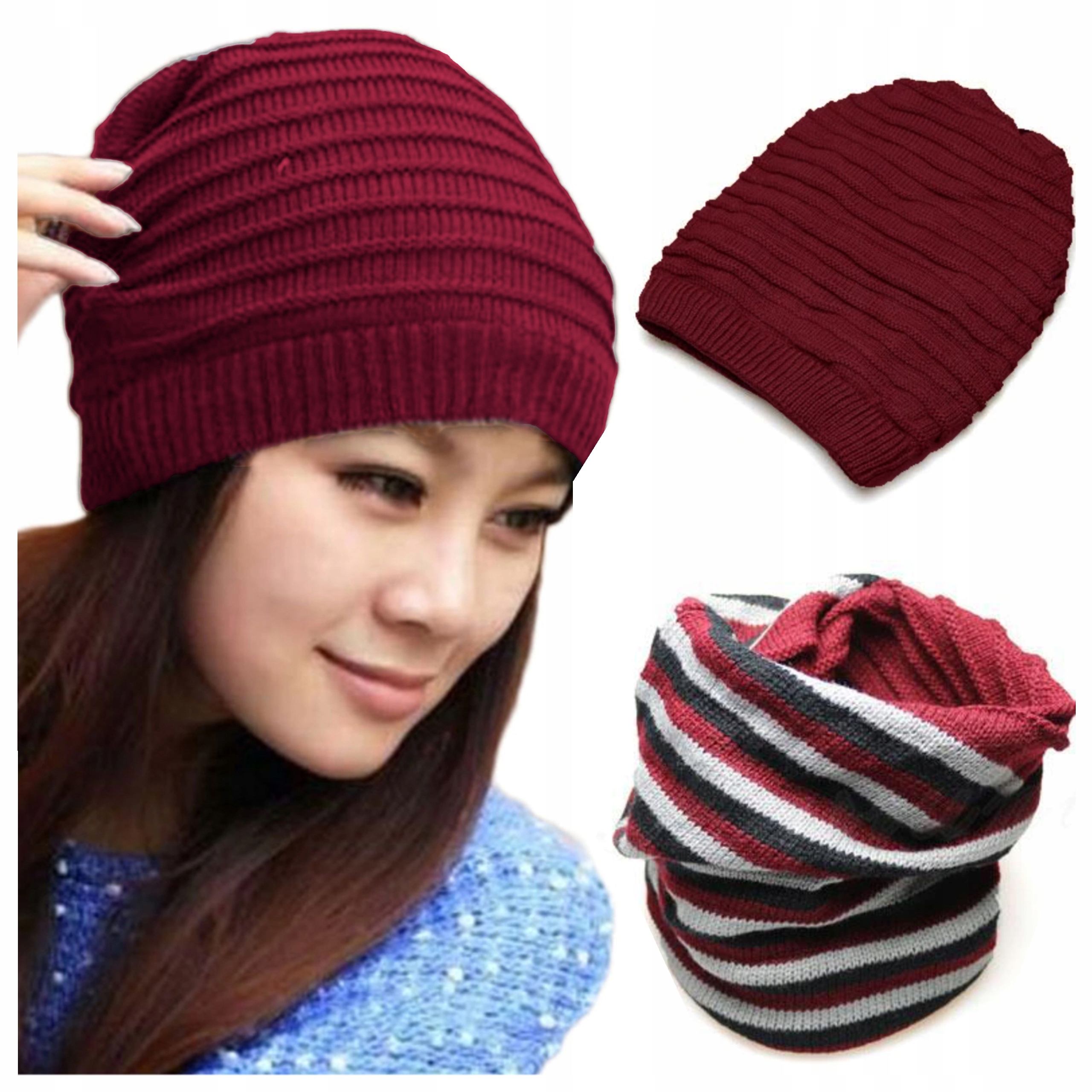 

Dwustronna Czapka beanie Komin 2w1 krasnal Bordowa