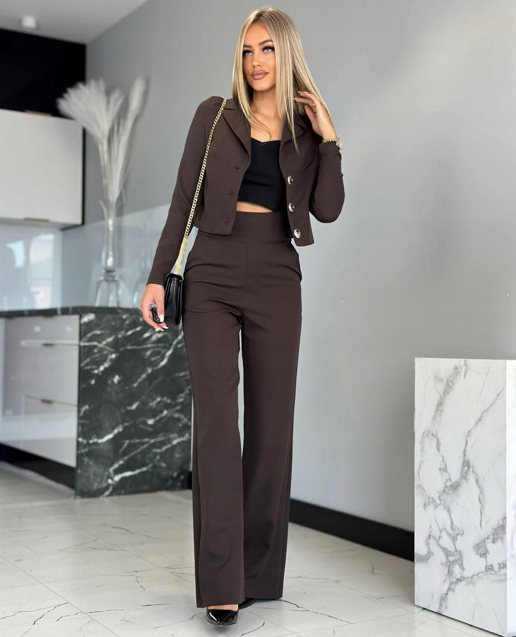 Komplet Sako kalhoty Vysoký pas Oblek na přijímání Čokoláda S