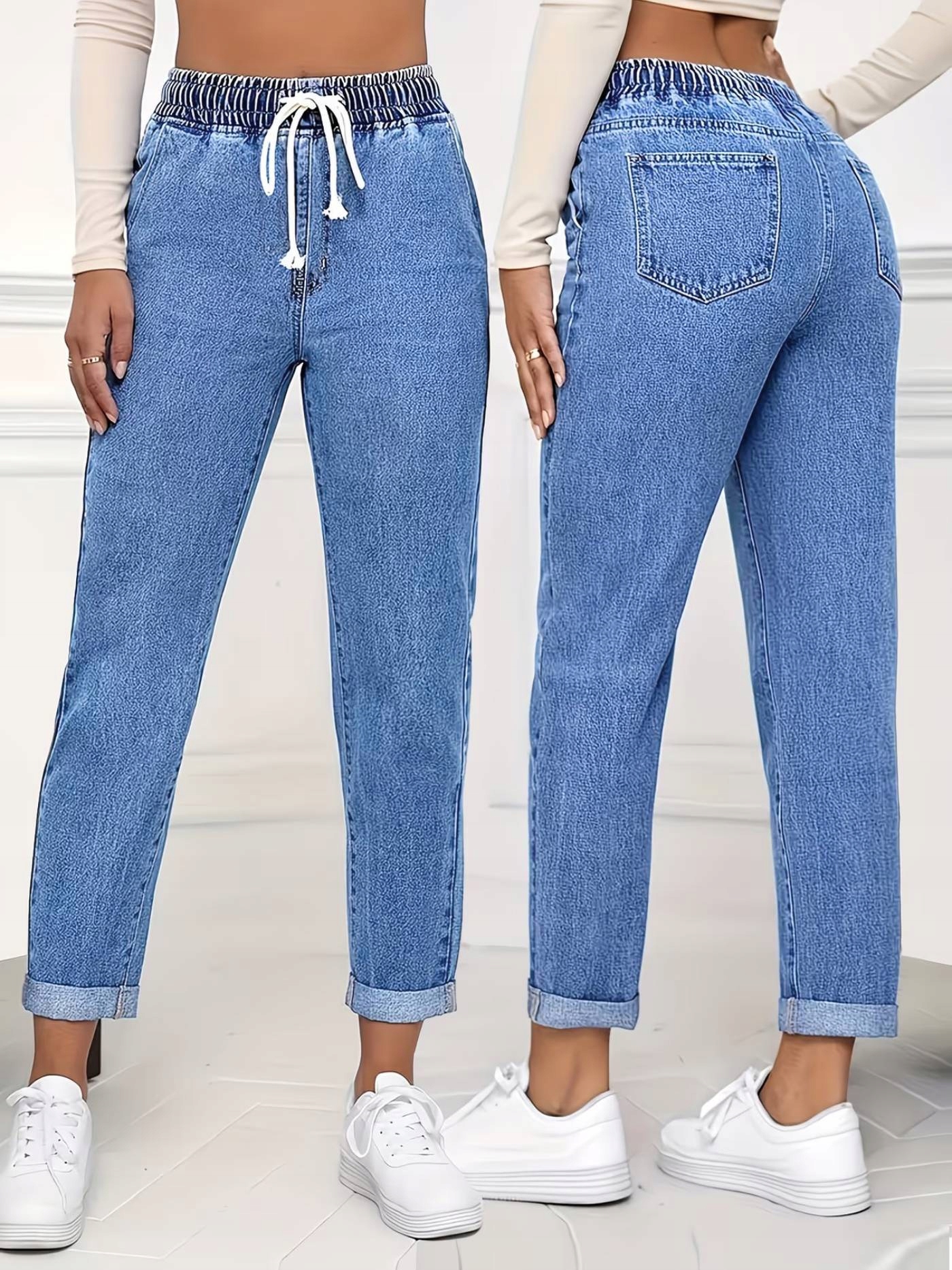 Damskie Spodnie Jeansowe Niebieskie Gumka W Pasie Mom Fit Luźne