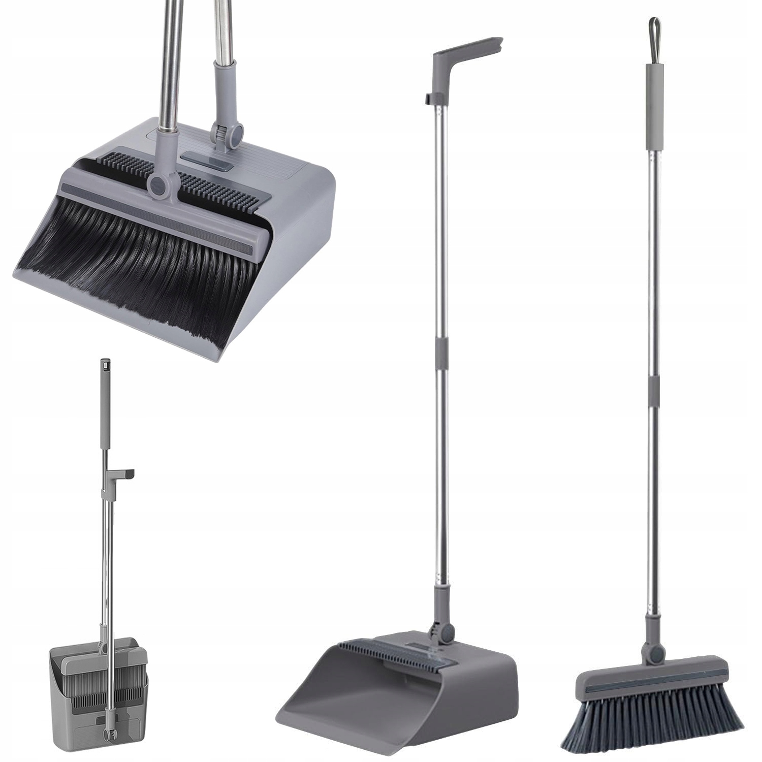 Levně Čisticí sada pro lenochy: Koště, lopatka, kartáč 3v1 s dlouhou rukojetí Šedá