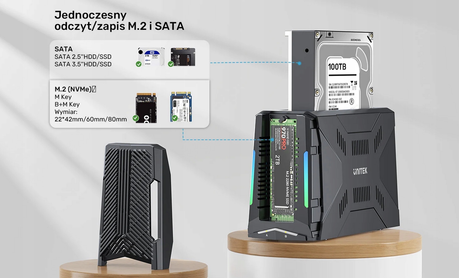 Unitek Stacja dokująca, 1x dysk M.2 NVMe, 1x dysk SATA, USB-C 10 Gbps Interfejs dysku twardego M.2 SATA III