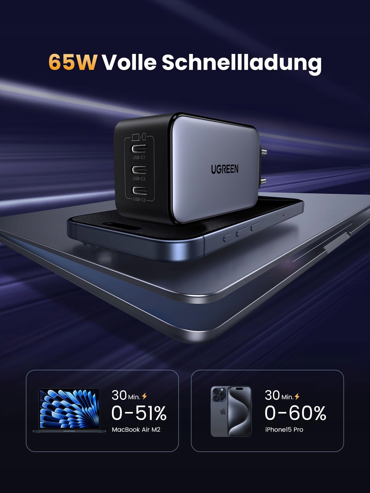 UGREEN Nexode ładowarka USB C, 65 W, GaN, zasilacz z 3 portami USB-C — miniatura 3