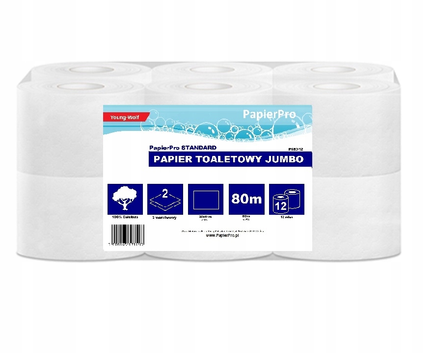 

Papier toaletowy Jumbo 80m 12 rolek Celuloza 2W.