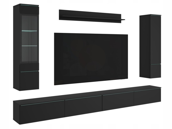 Moderní nábytková stěna do obývacího pokoje 300 cm s Led osvětlením, černá matná barva