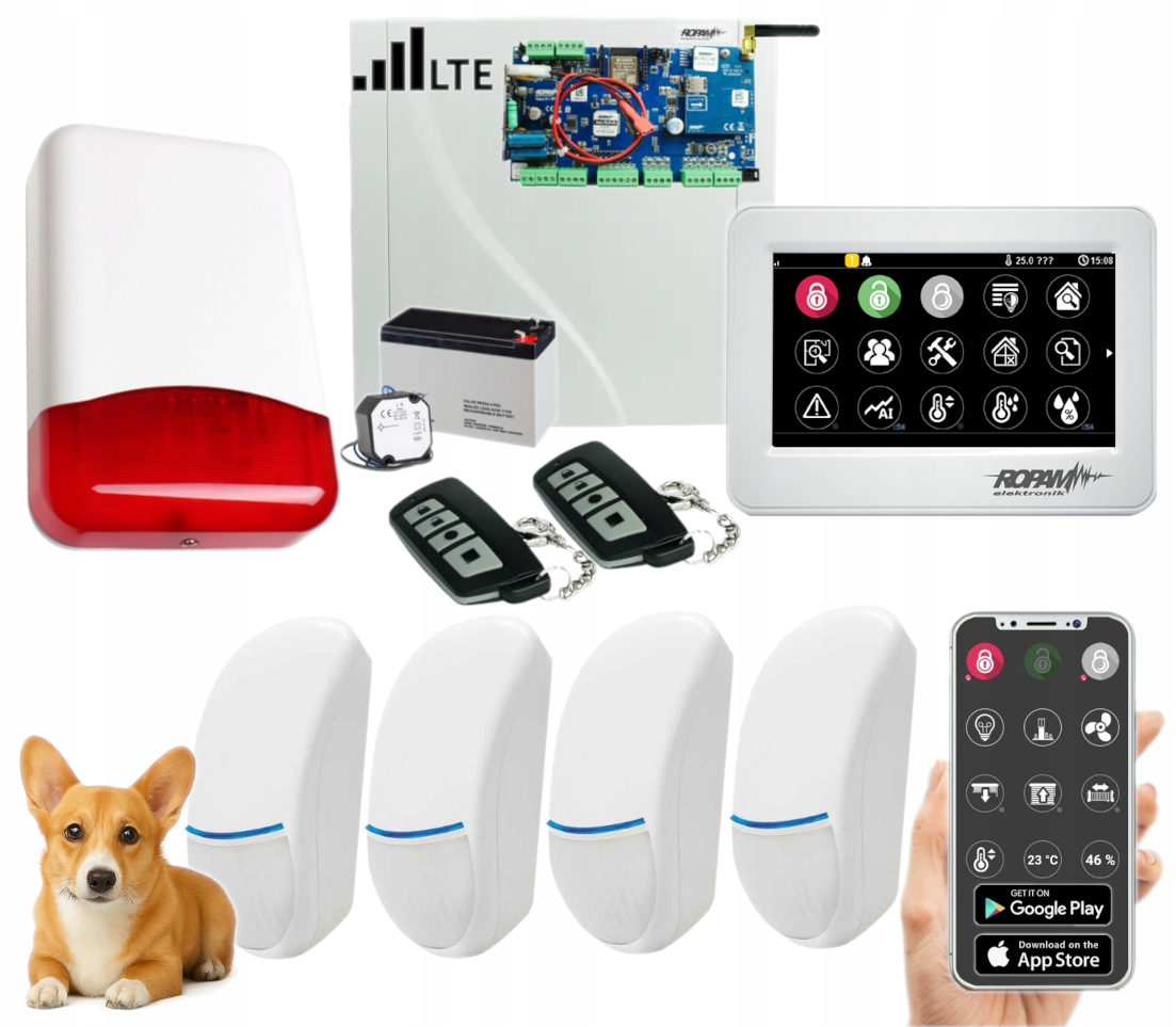 ALARM ZESTAW ROPAM DOTYKOWY LTE GSM WIFI SMS APLIKACJA 4 CZUJKI PET POLSKI