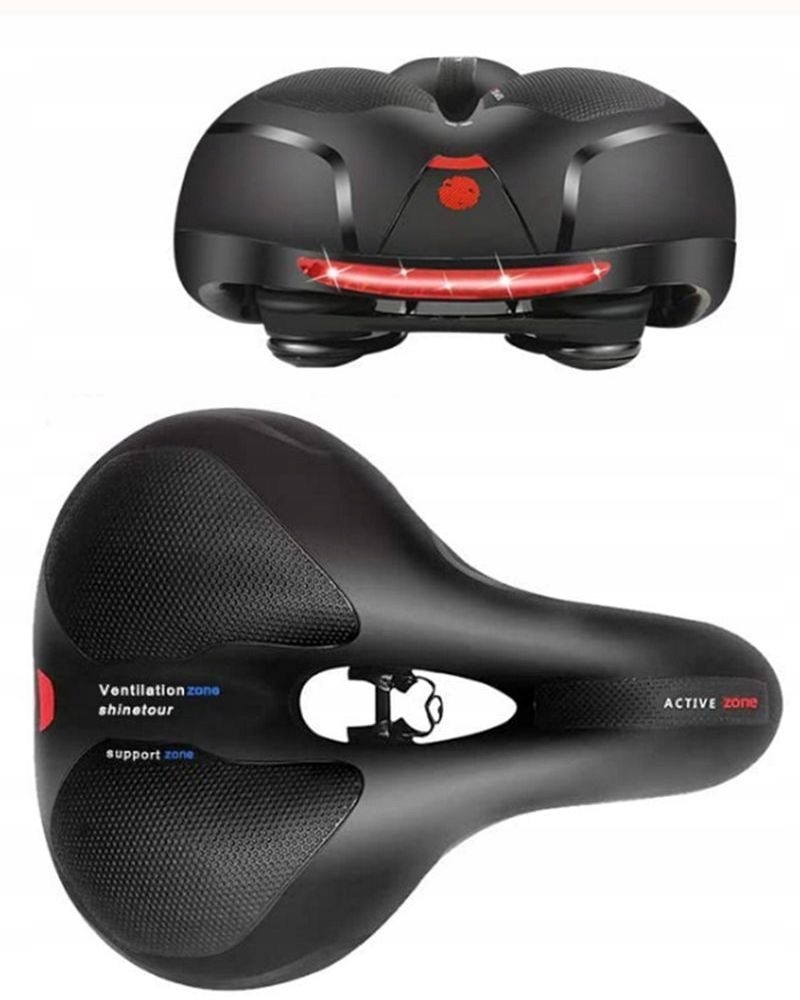 Siodło rowerowe CTB GEL amortyzowane WENTYLOWANE + LAMPKA 10 LED ładow. USB Długość 250 mm