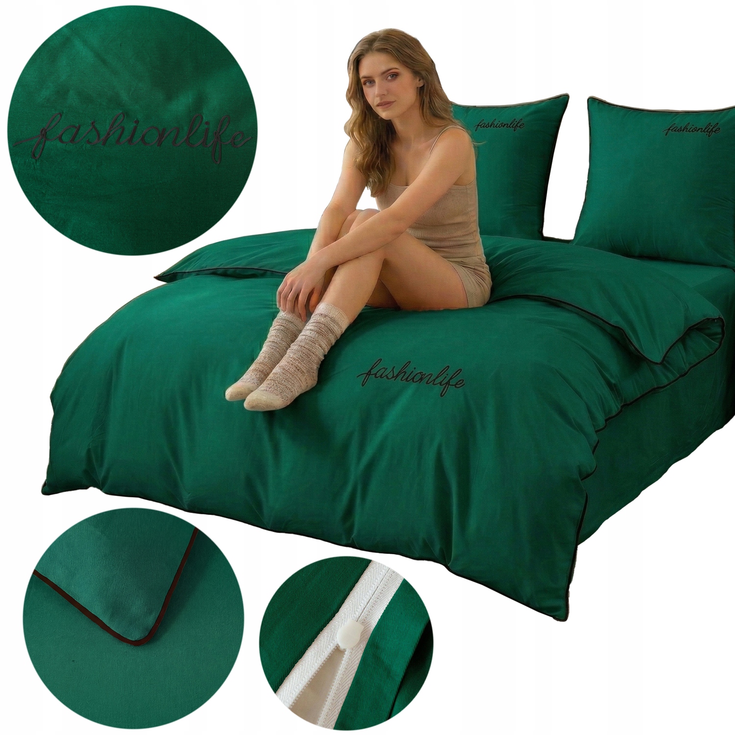 Komplet Pościeli Z Lamówką Haftem 160x200 Poszewki 70x80 Bawełna