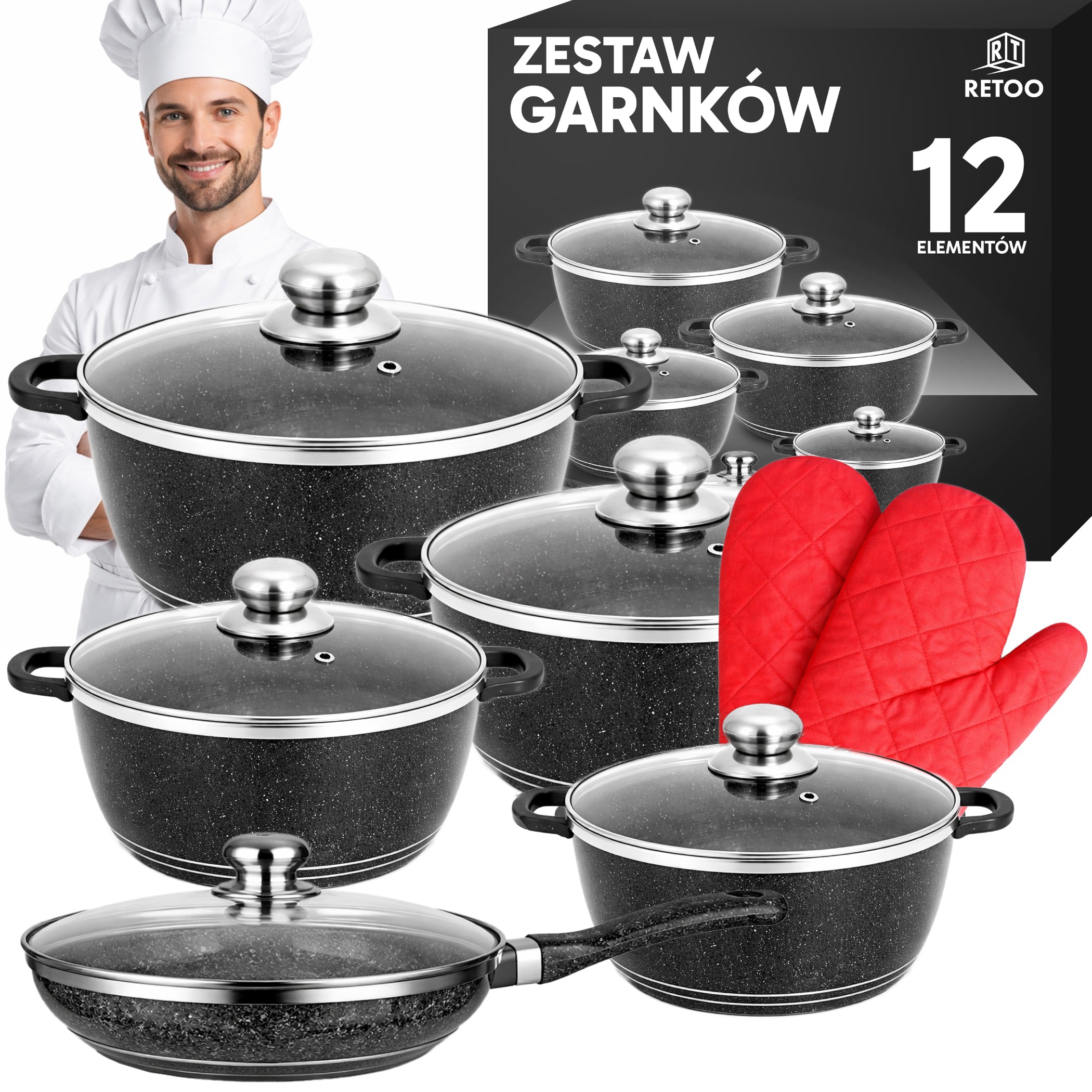 Sada Hrnců S Mramorovým Povrchem Plyn/indukce Sada Hrnce Pánev 12 Kusů.