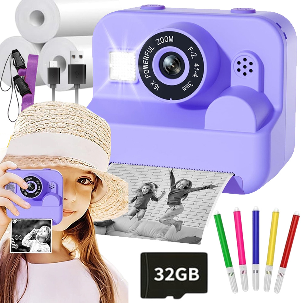 Instantní Fotoaparát Tisk Fotografií 1080P Obrazovka 2.4 Palců 32 Gb Karta Fialová