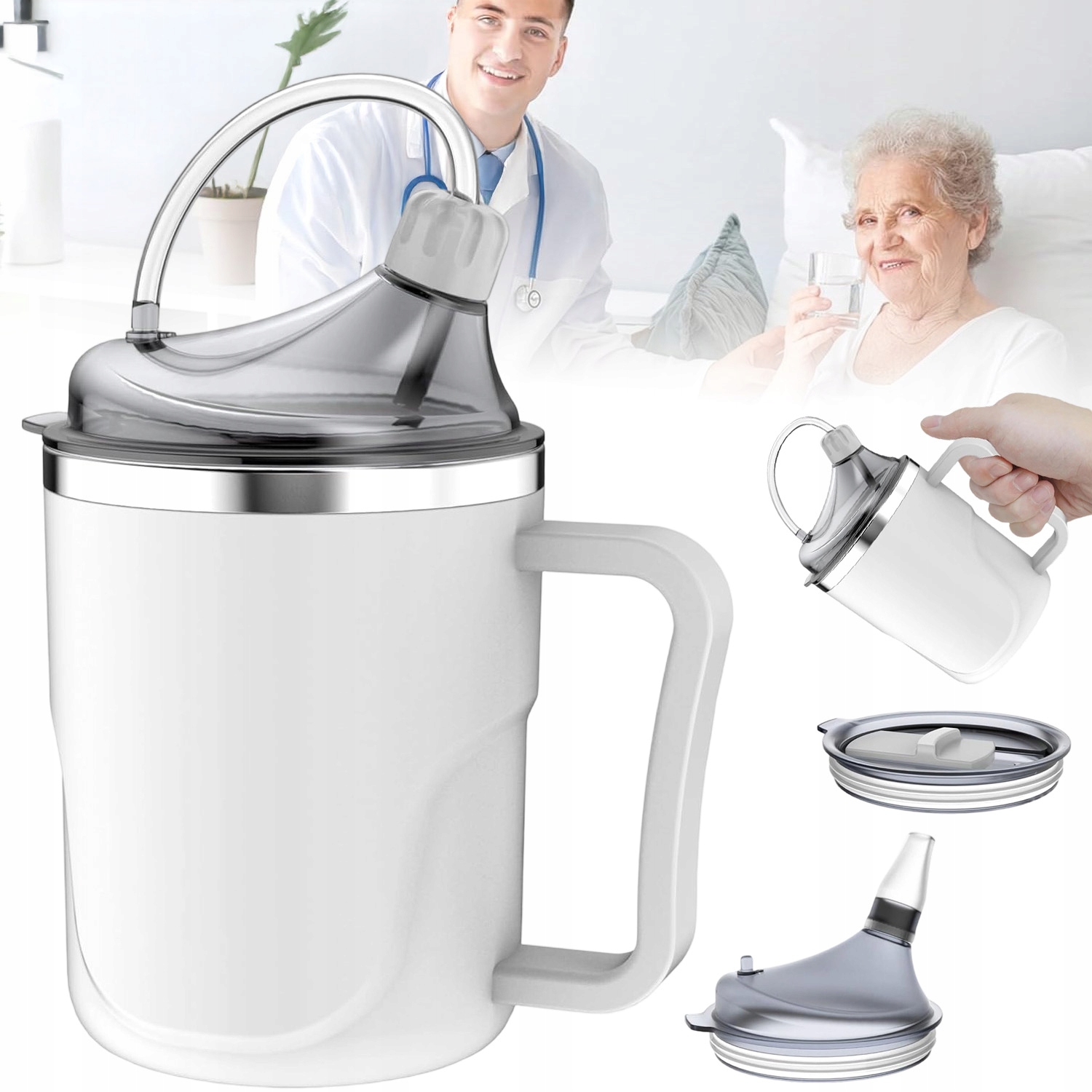 Kubek Niekapek Z Uchwytami Ustnikiem Dziubkiem Senior Dorosły 3W1 400ML