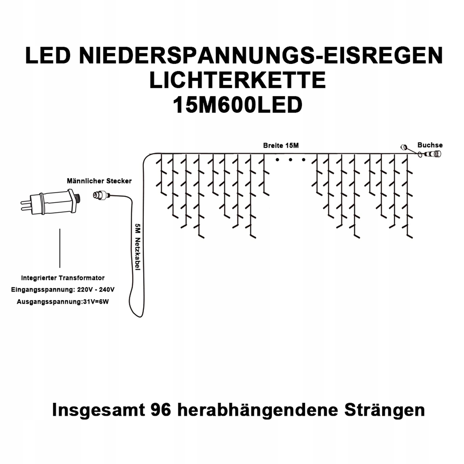 INTERGO Kurtyna Świetlna Zewnętrzna Lampki Kolorowe 8 Trybów 15M 600LED — miniatura 7