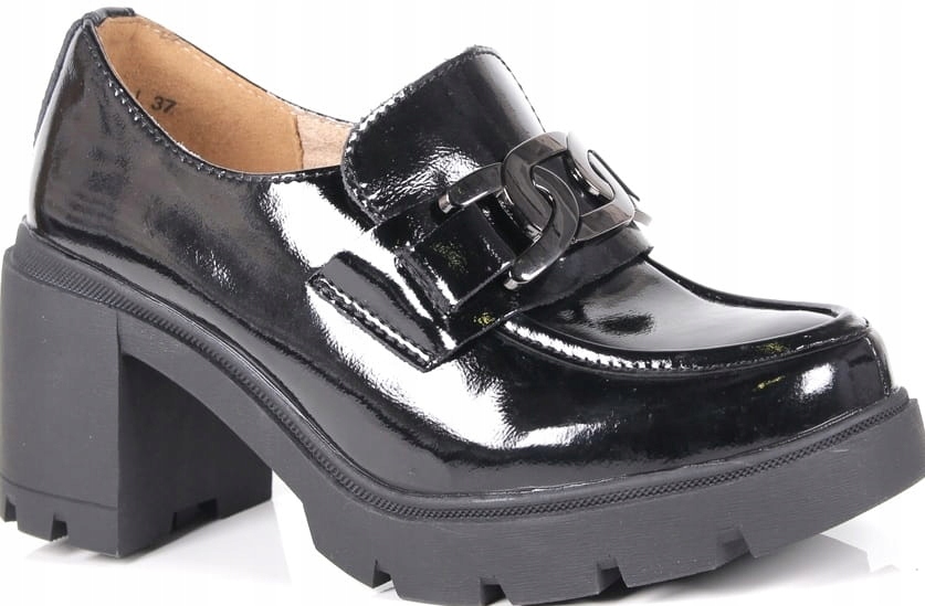 Lakované Polobotky Z Kůže, Mokasíny Na Podpatku, Podpatek Černý