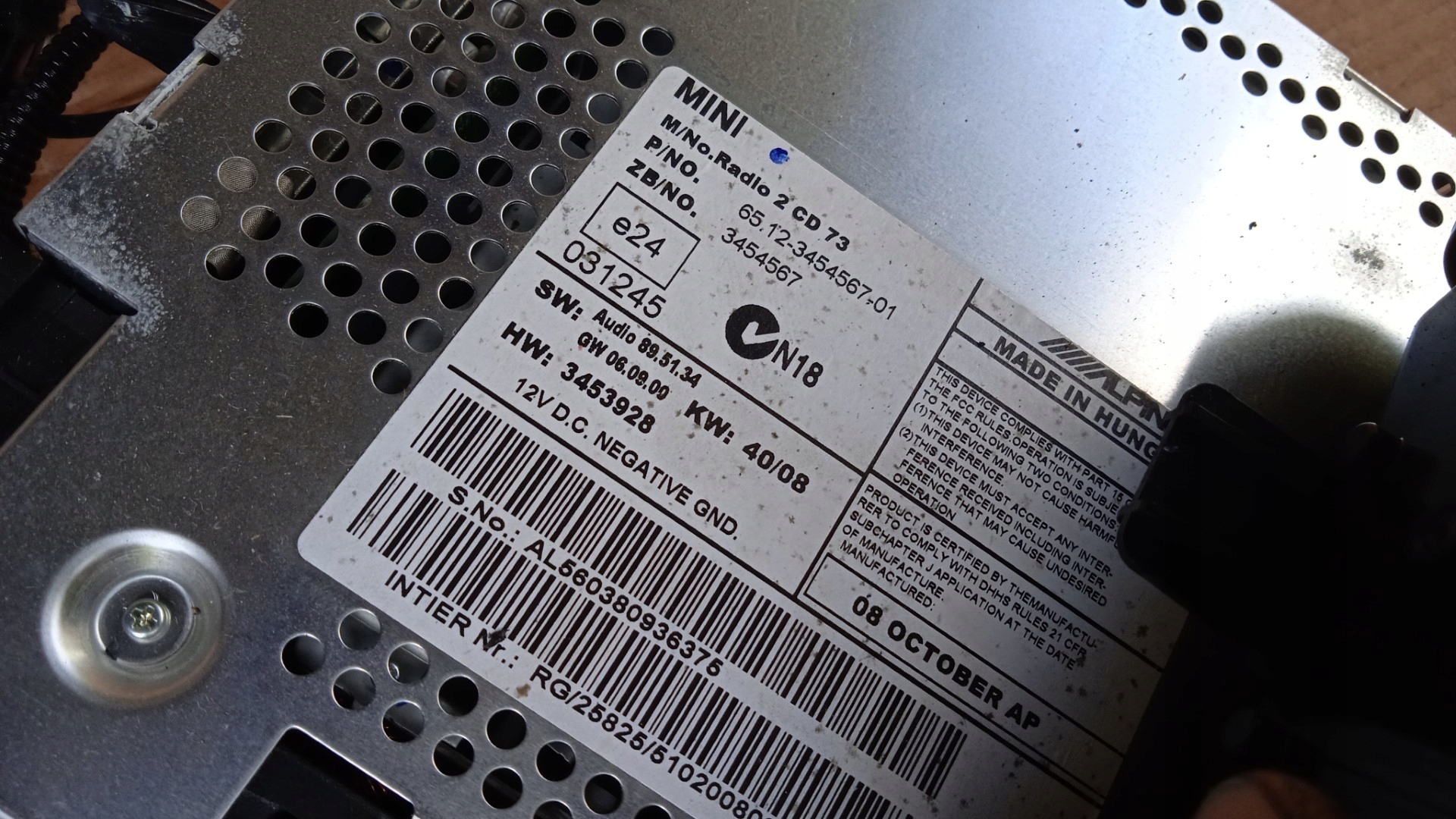 MINI COOPER COOPER R56 RADIO CD 3454567 Typ samochodu Samochody osobowe