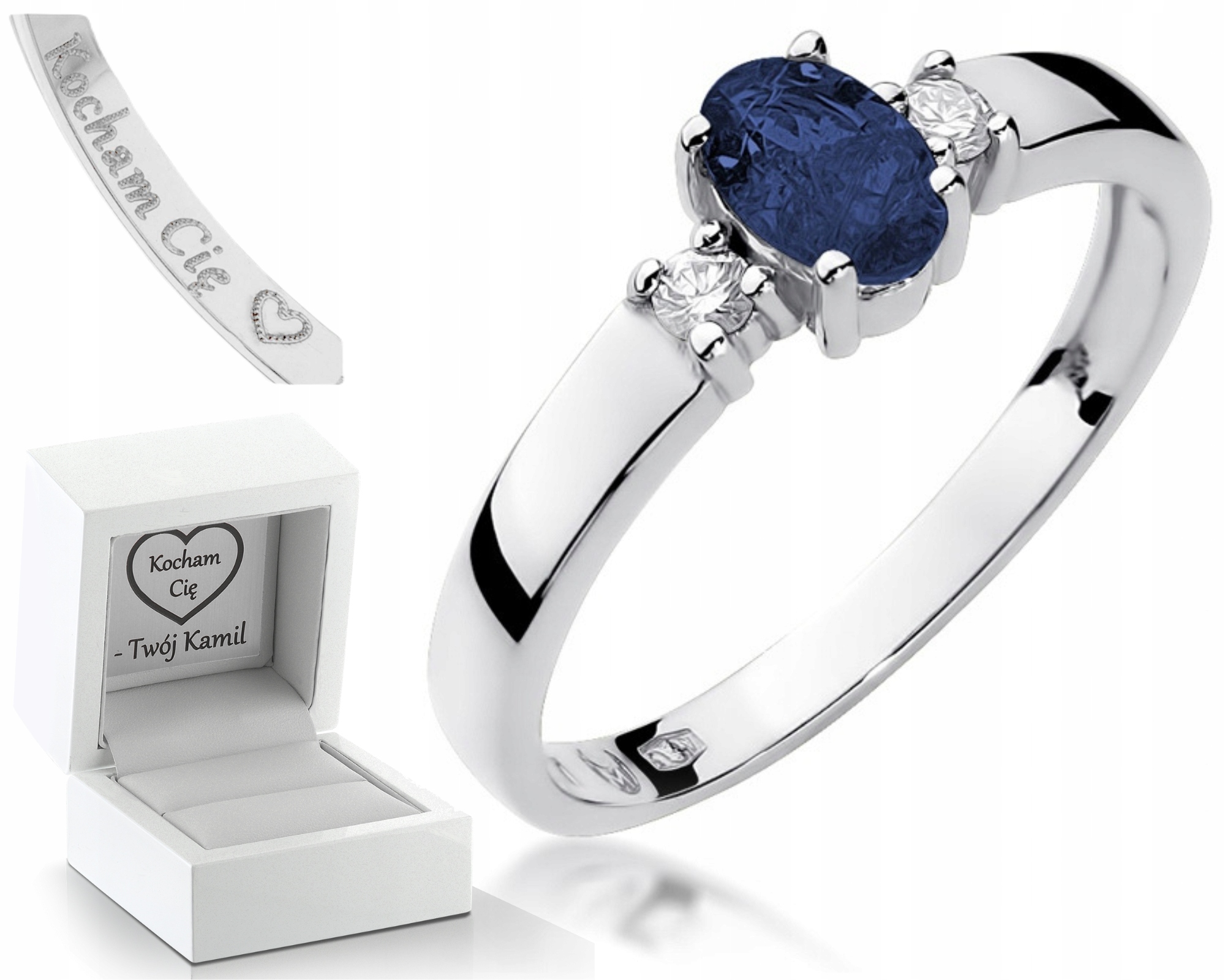 Prstýnek Se Safírem A Diamanty Gravírování Bonus
