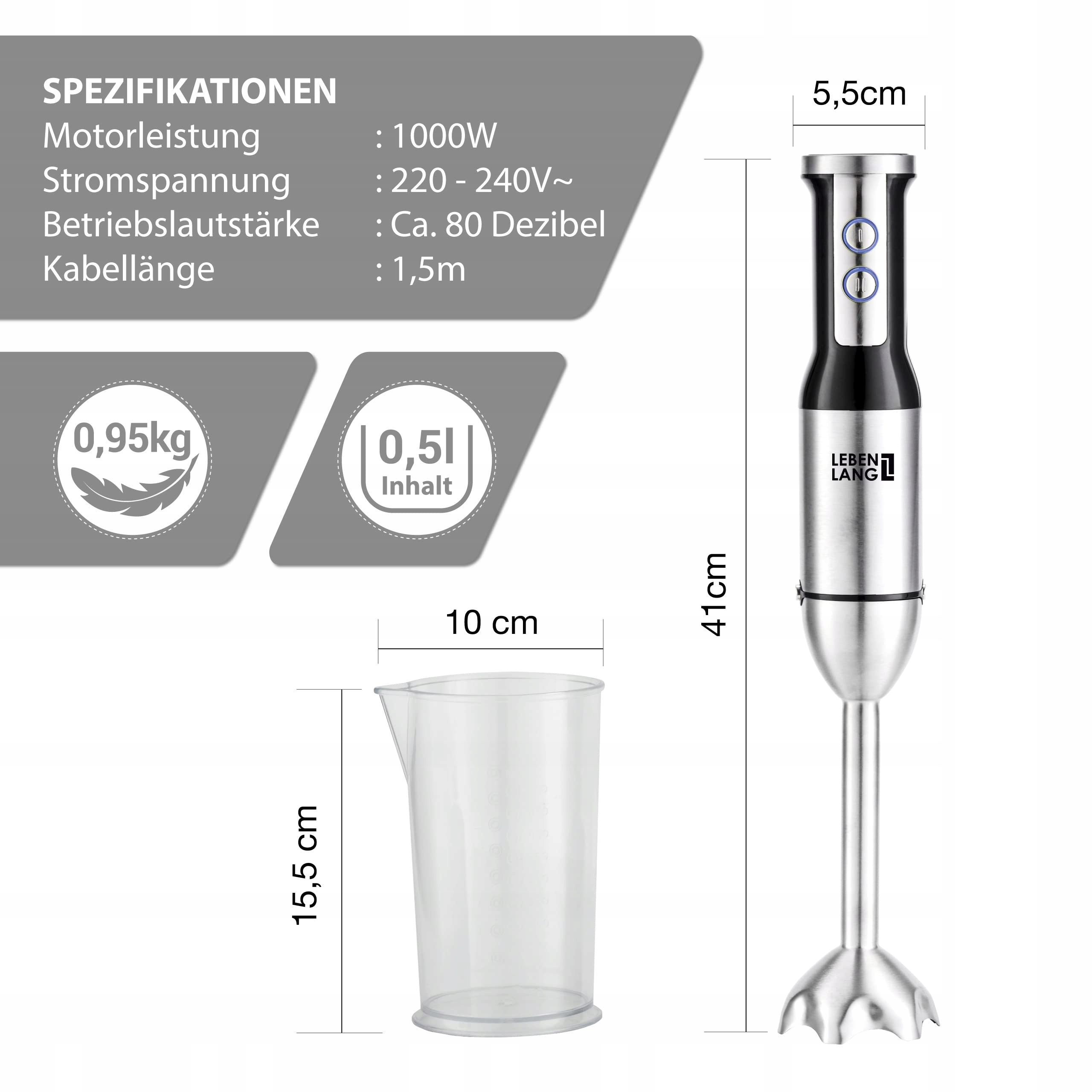 LEBENLANG Blender Ręczny 1000W Stal Nierdzewna 8 Prędkości Turbo — miniatura 6