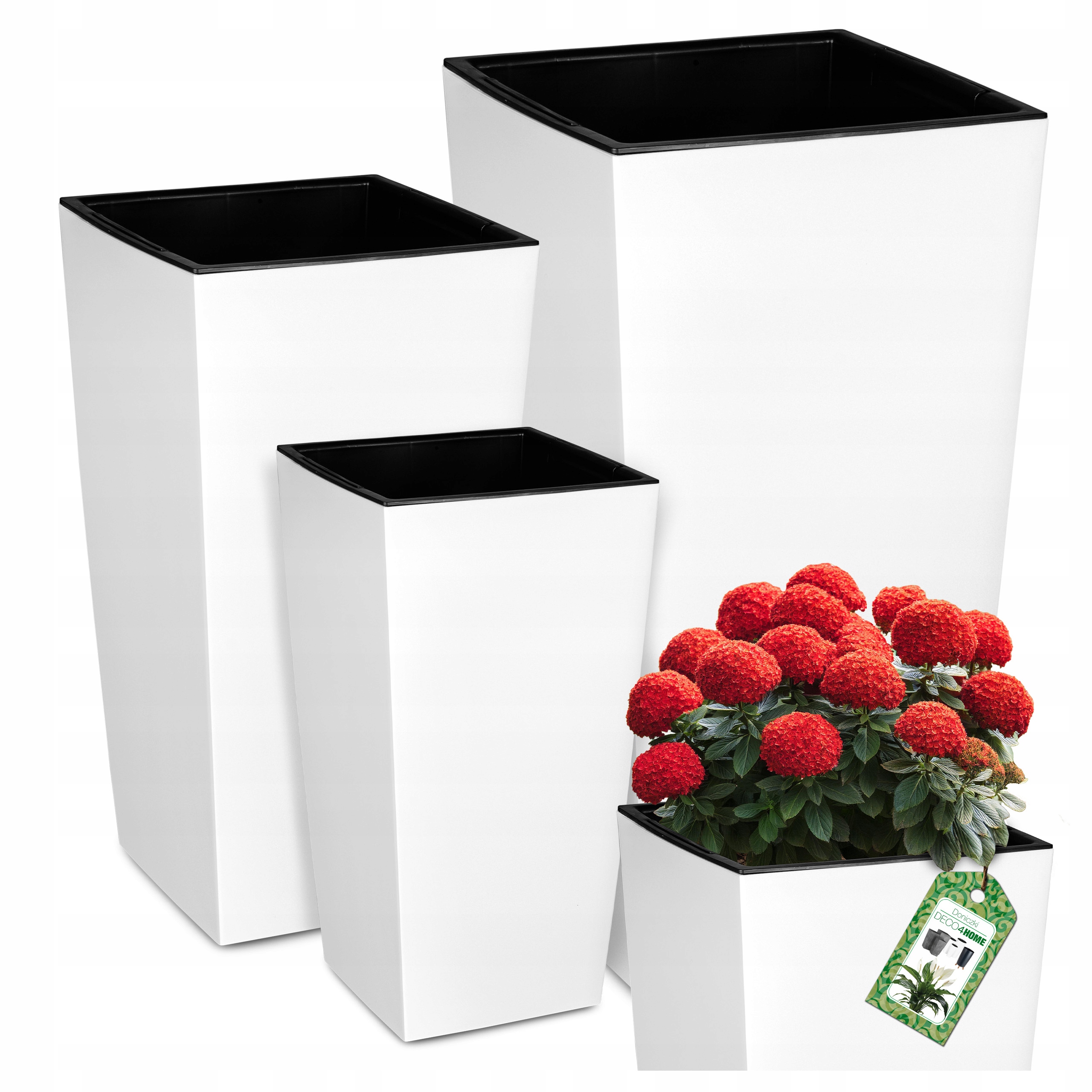 Zestaw 3X Doniczki Donice Białe Matowe Ogrodowe Kwietnik Stojący Z Wkładami