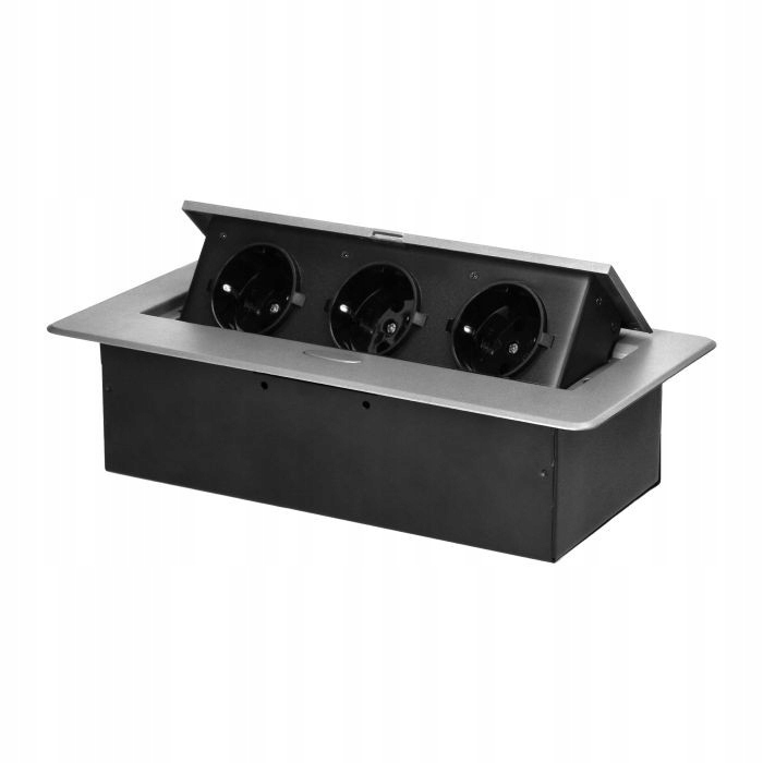 Stříbrná nábytková zásuvka zapuštěná do trojité desky Schuko Orno