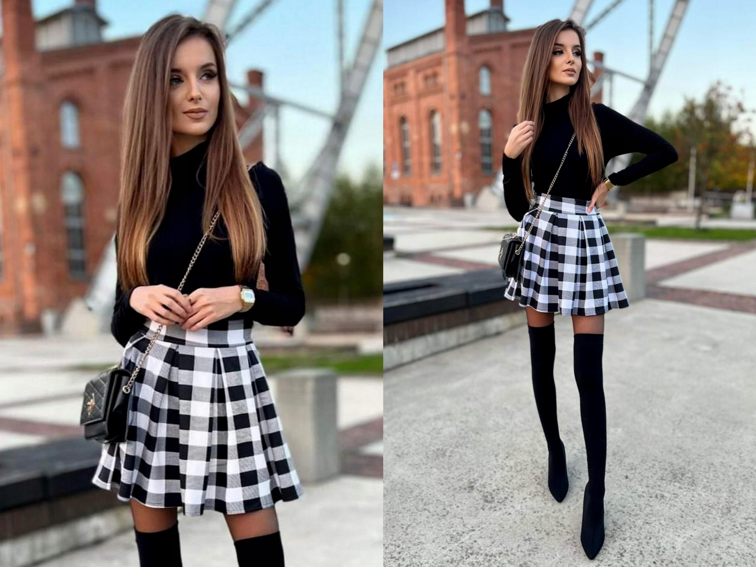 SPÓDNICA MINI w KRATKĘ Czarno Biała ROZKLOSZOWANA w ZAKŁADKI ŚWIĘTA S Rozmiar S