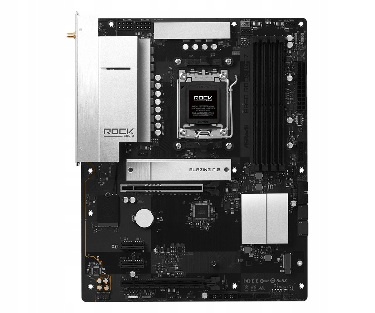 ASROCK MB Desktop B850 Rock WiFi 7, AM5, 4x DDR5, 1x PCIe 5.0 x16, 1x PCIe 4.0 x16, 1x Blazing M.2, 1x Hyper M.2, 4x SATA3, RAID 0, 1, 10, 7.1 CH HD Audio, 1x HDMI, 8x USB 3.2, 8x USB 2.0, 2x USB-C, 2.5G LAN, 2x Wi-Fi 7, BT, 1x HDMI, 1x SPDIF, ATX — 8