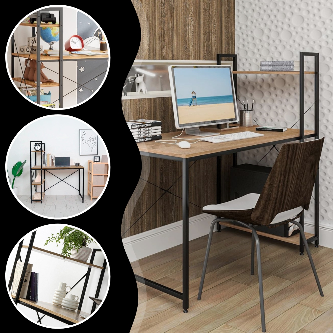 BIURKO METALOWE STOLIK Z REGAŁEM PÓŁKAMI INDUSTRIALNE LOFT DĄB JASNY 120 cm Kod producenta BIURKO KOMPUTEROWE LOFT Z REGAŁEM METALOWE