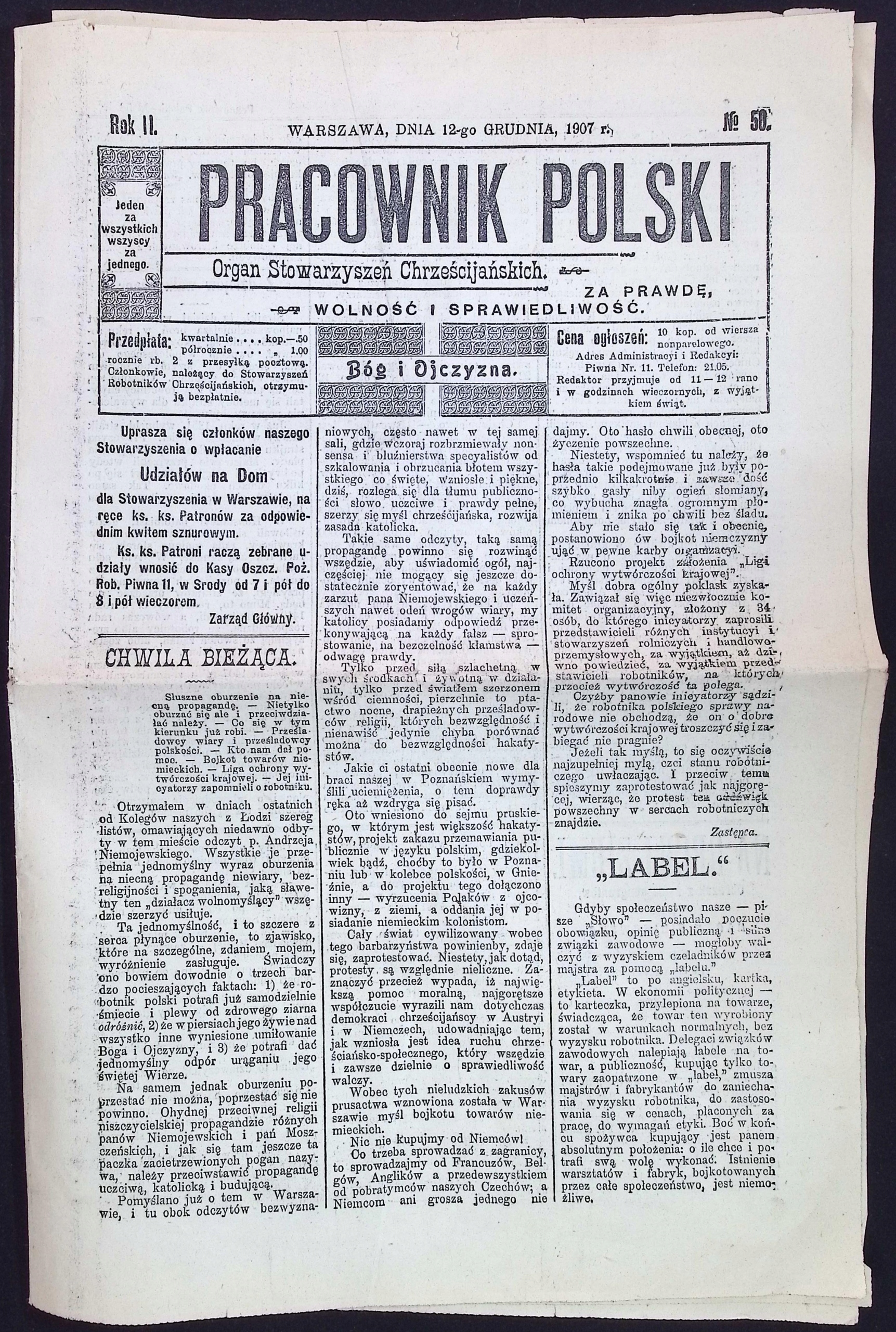 Pracownik polski. Rok II, No 50 (1907 r.)