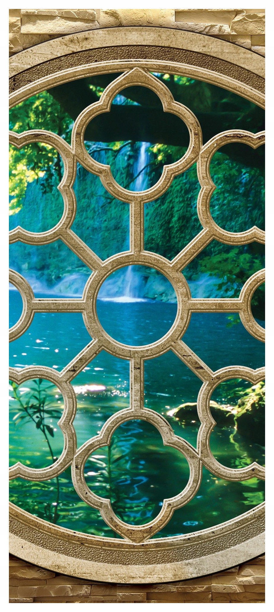 Samolepka Fototapeta Okno na tropický vodopád se zelení 91x211