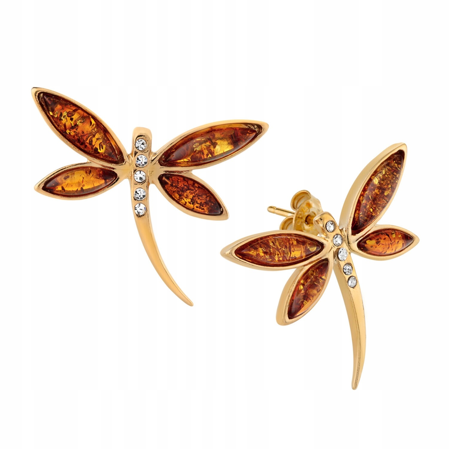 Złote Kolczyki Ważki Z Bursztynem