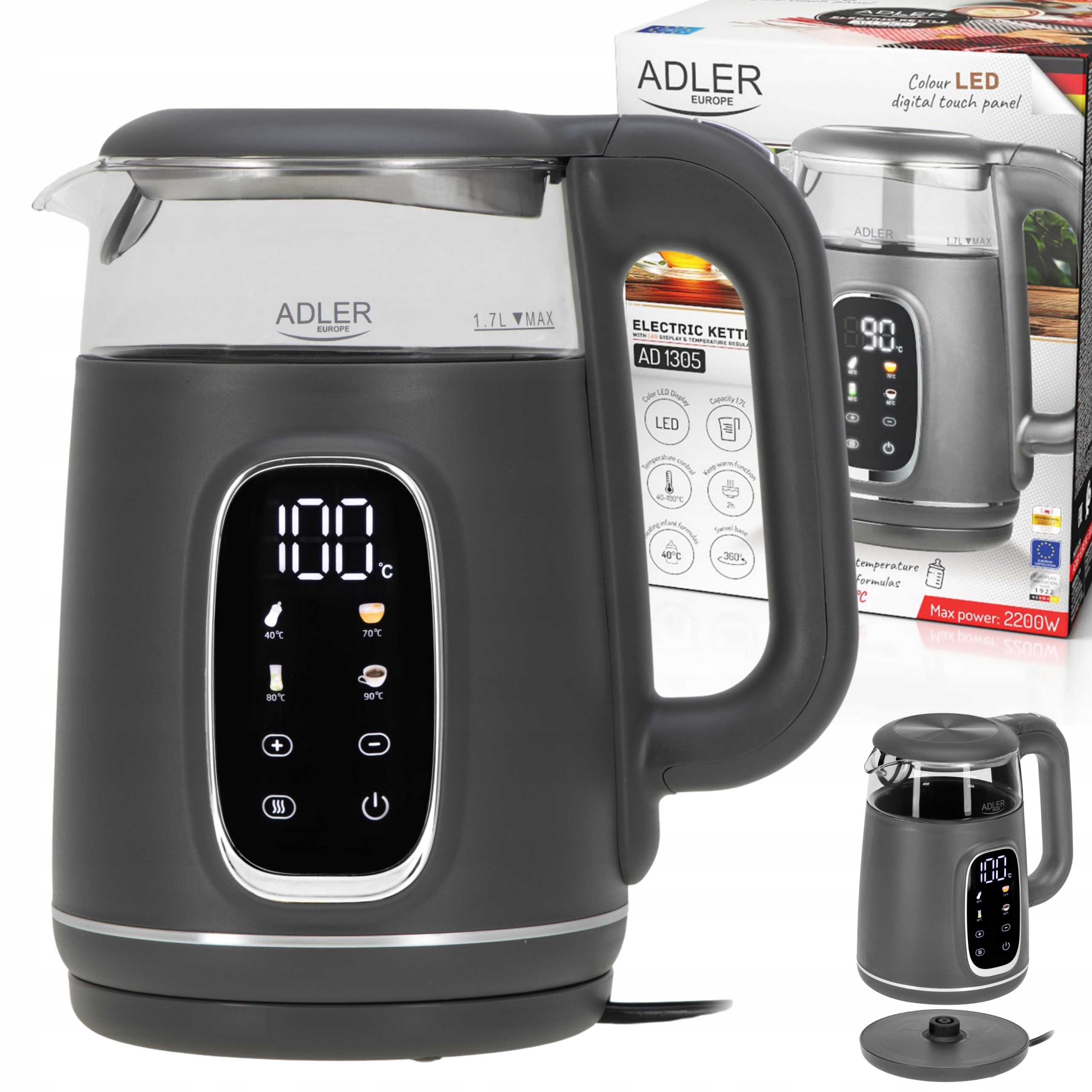 Czajnik Elektryczny Szklany Z Regulacją Temperatury Do Kuchni 1,7L 2200W