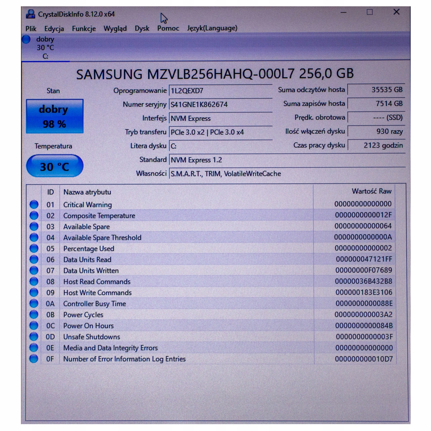 Dysk twardy Samsung 256 GB PCIe SSD M2 2280 Format dysku M.2