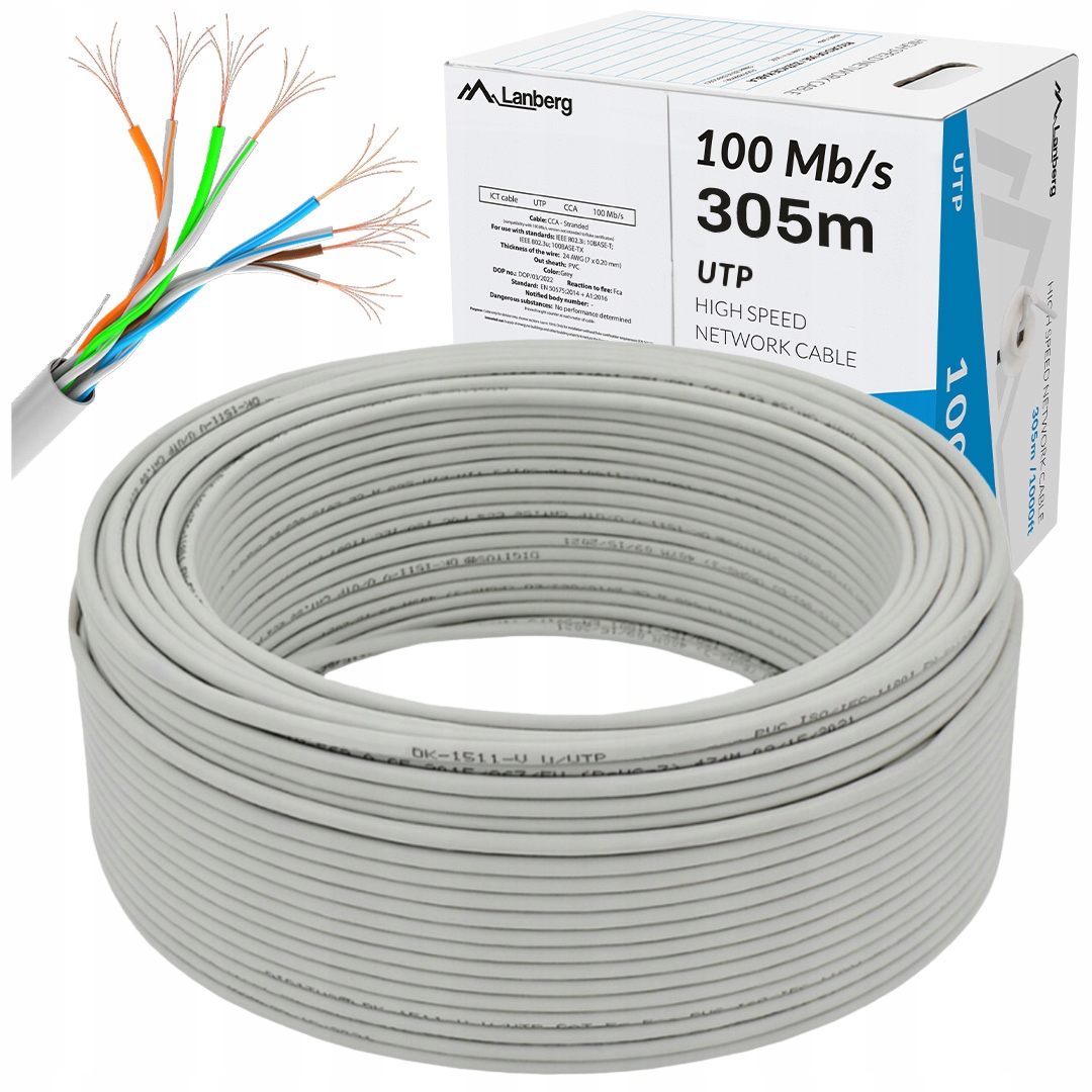 Kabel Przewód Sieciowy Lan Skrętka RJ45 Utp 100Mb/s 305M Cca Szary Lanberg