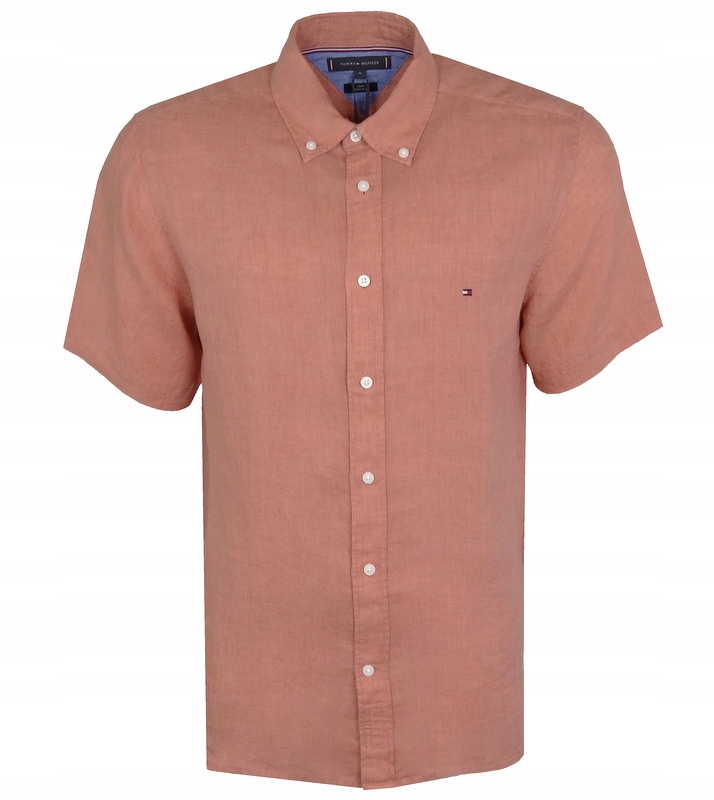 Tommy Hilfiger pánská košile, krátký rukáv, lněná, cihlová, S