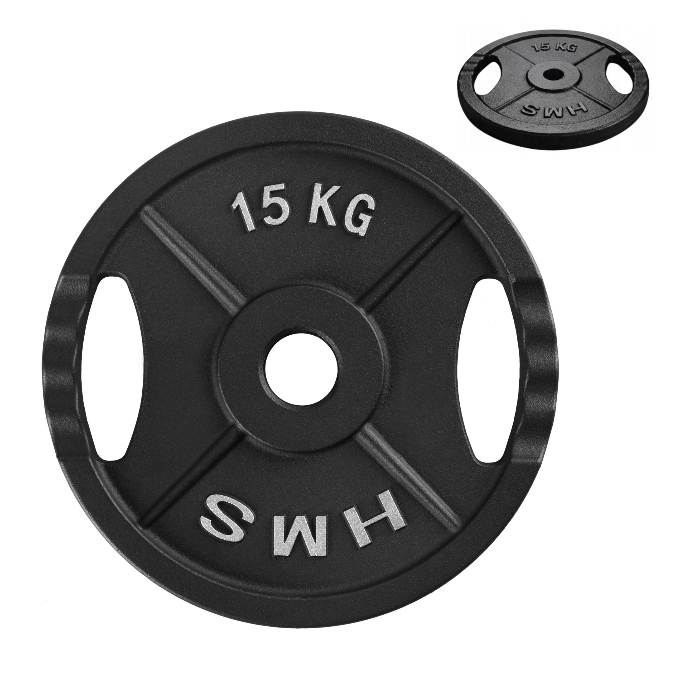 Talerz olimpijski 15 kg żeliwo obciążnik z uchwytami czarny tri-grip Hms