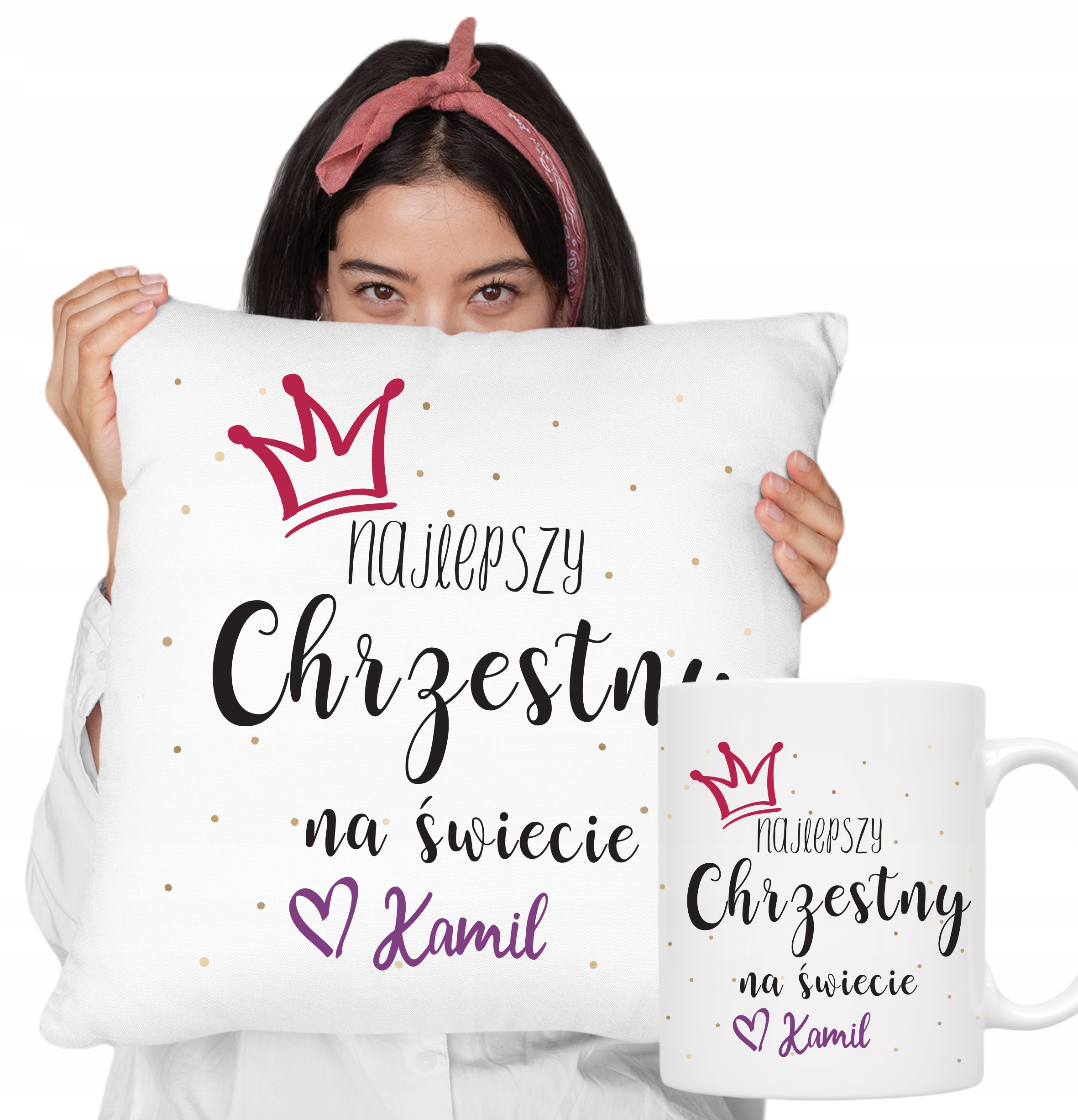 Zestaw Poduszka + Kubek dla CHRZESTNEGO z IMIENIEM