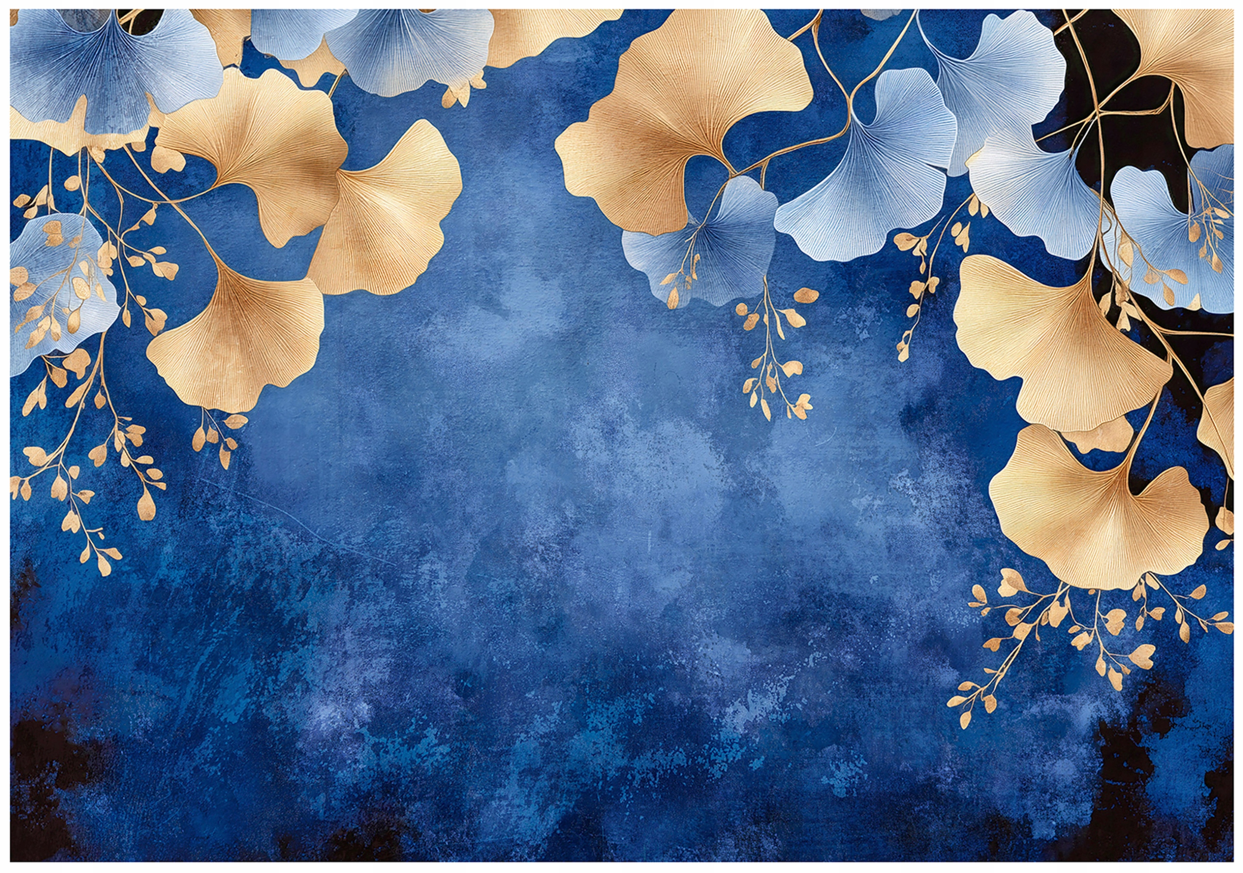 Fototapeta Závesné Listy Abstrakcia Modrá Zlatá Boho Ginkgo 368x254