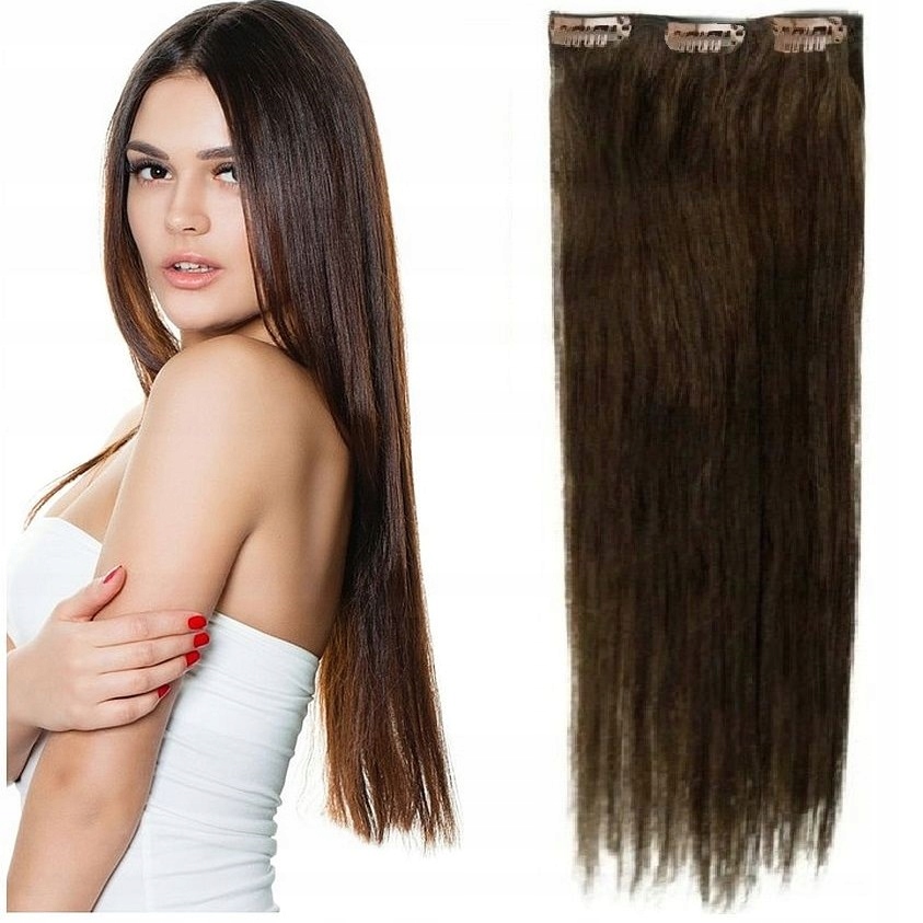 Clip-in Příčesek Do Vlasů 100% Přírodní 40 CM Páska 3 Sponky hnědá 4