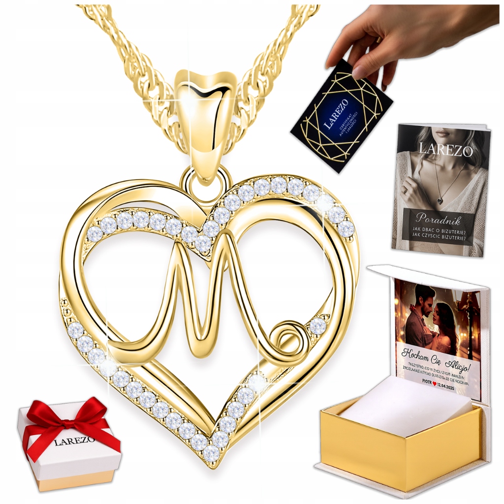 Zlatý náhrdelník 925 s písmenem M Pozlacený Iniciál Srdíčko Potisk