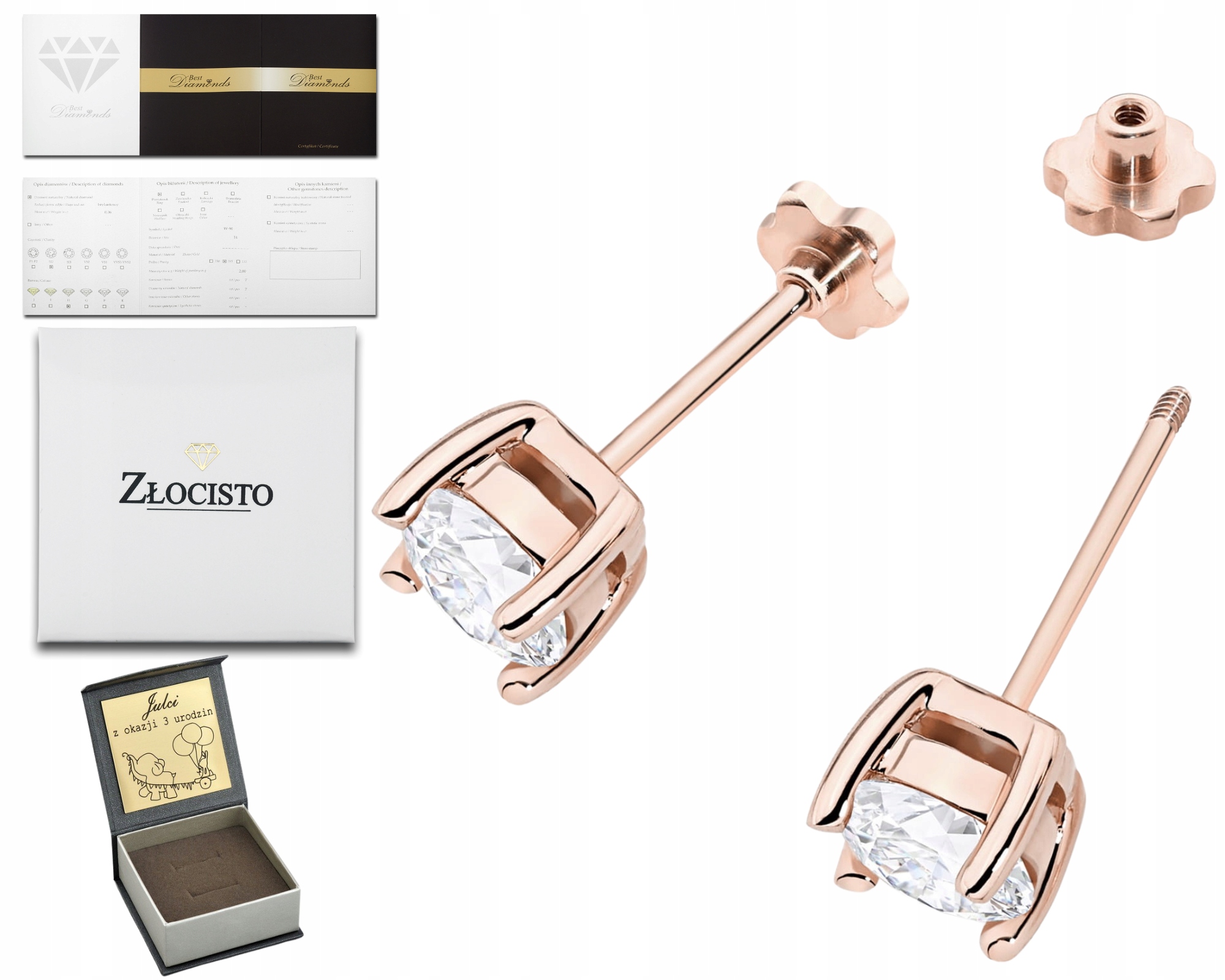 Růžové Zlato Náušnice Šroubovací Tyčinka Brilianty 2,00 Ct Zlato 585 Dárek