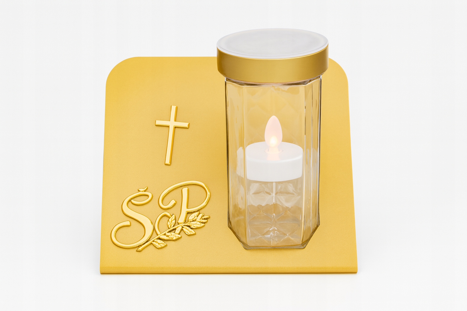 Hřbitovní Svíčka Kříž+nápis Zlatá Trvanlivá Led Eco Efekt Plamene Bezúdržbový