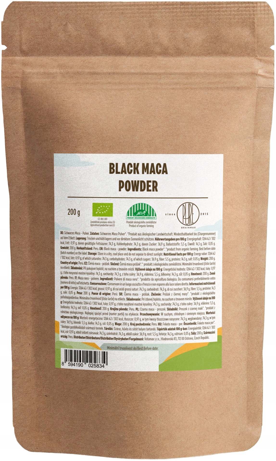 BrainMax Pure Black Maca Powder, Czarna Maca BIO, proszek 200g