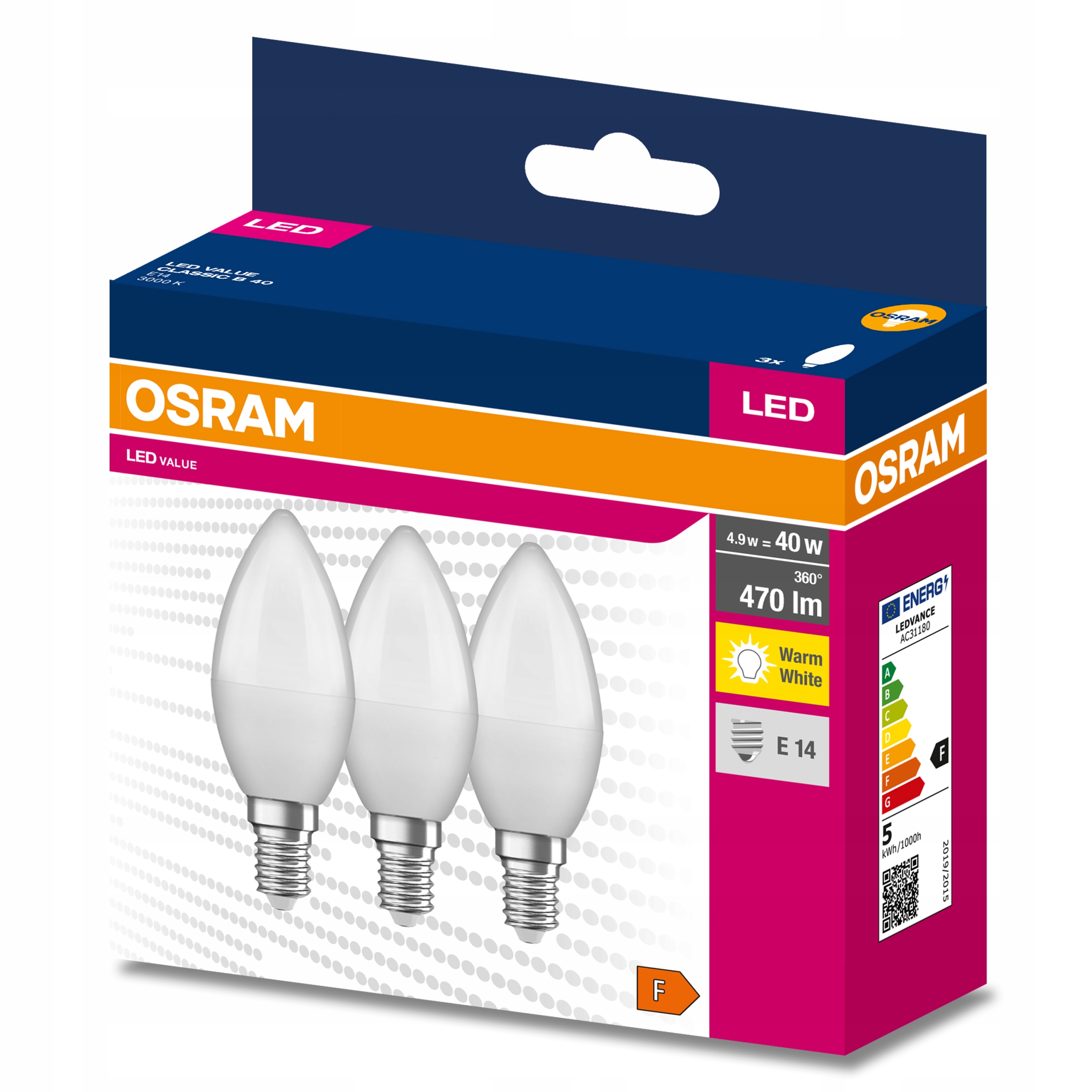 

3x Żarówka Led E14 Świeca 4,9W 40W 3000K Osram