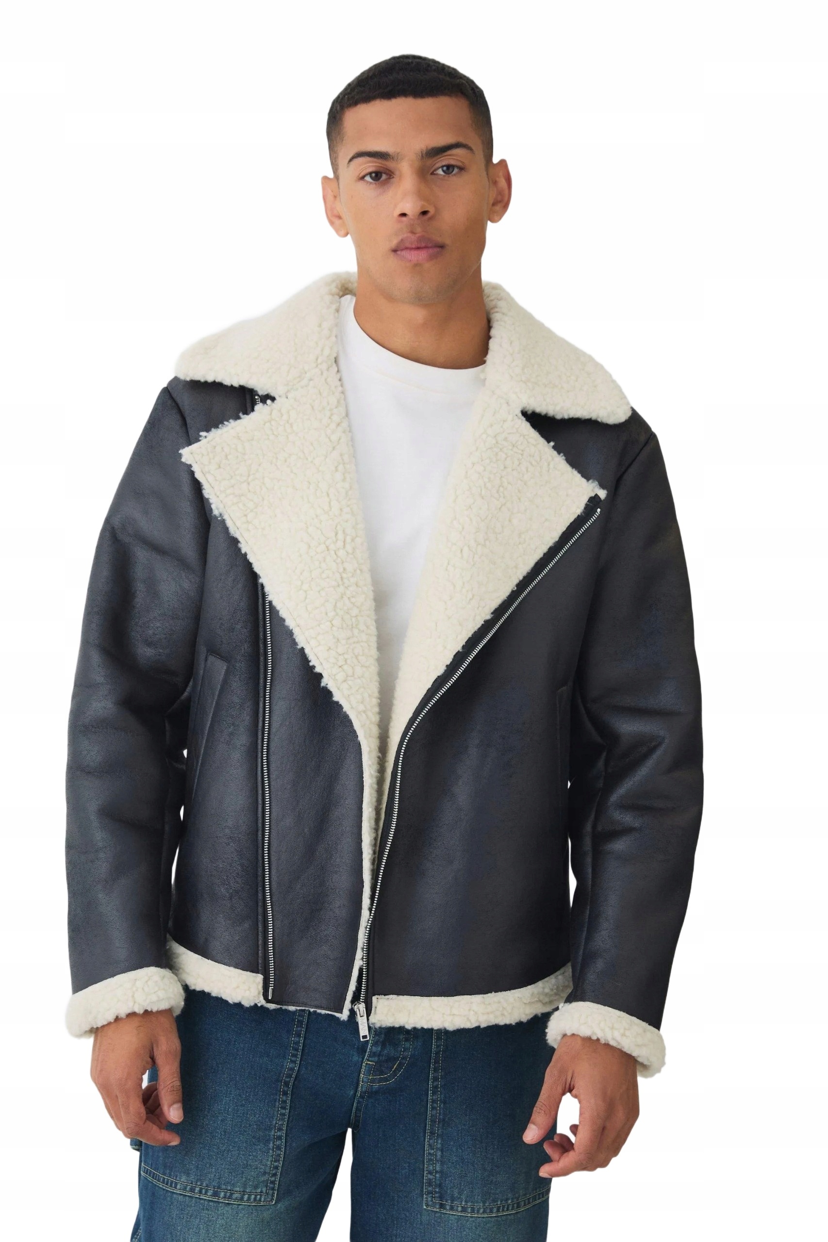 Boohooman Černá Pánská Bunda Ramoneska S Bílým Kožíškem