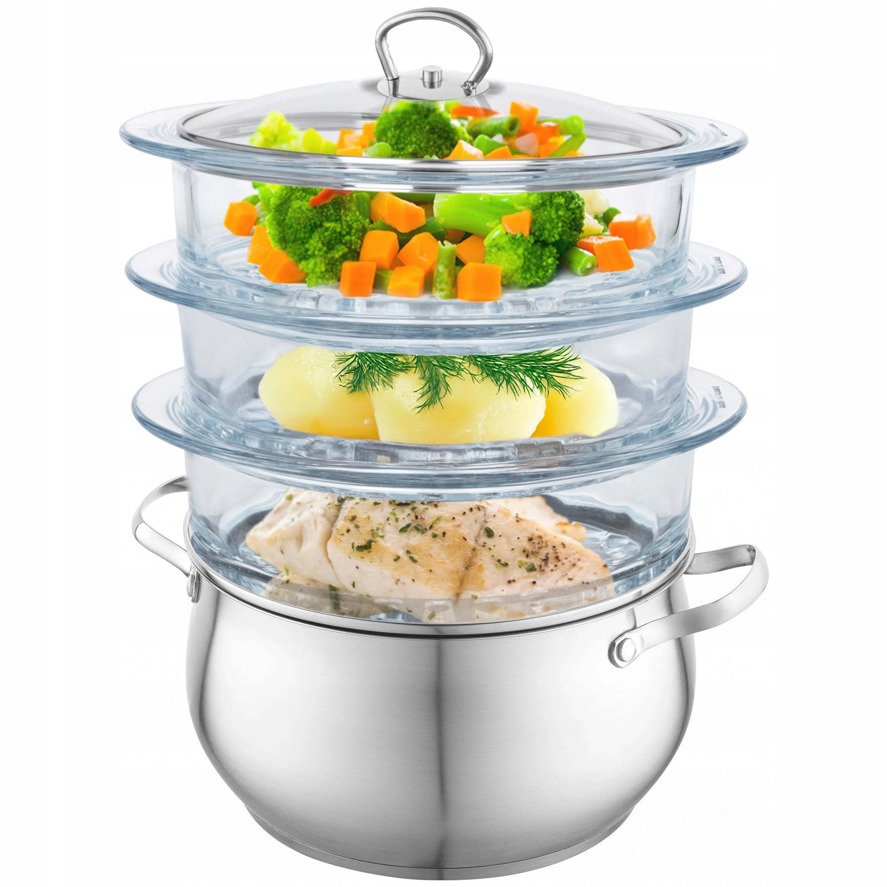 Hrniec Na Varenie V Pare Sklenený Parník Bez Tuku Indukcia 3 Sita