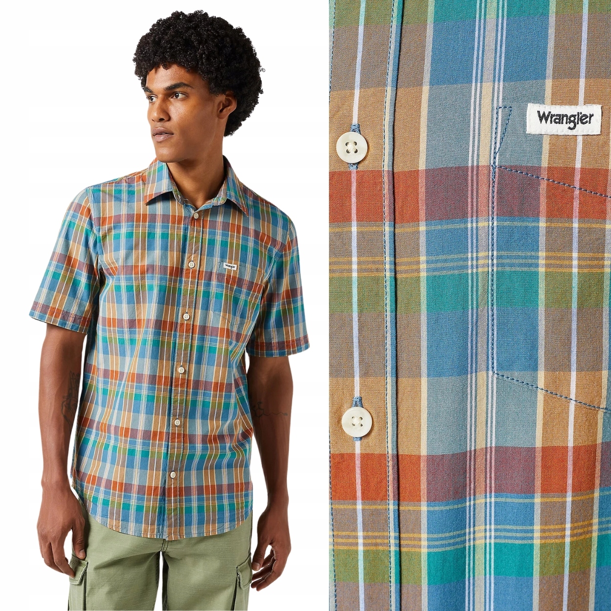 Wrangler 1 Pkt Shirt Tan Madaras bavlněná kostkovaná košile s krátkým rukávem, velikost M