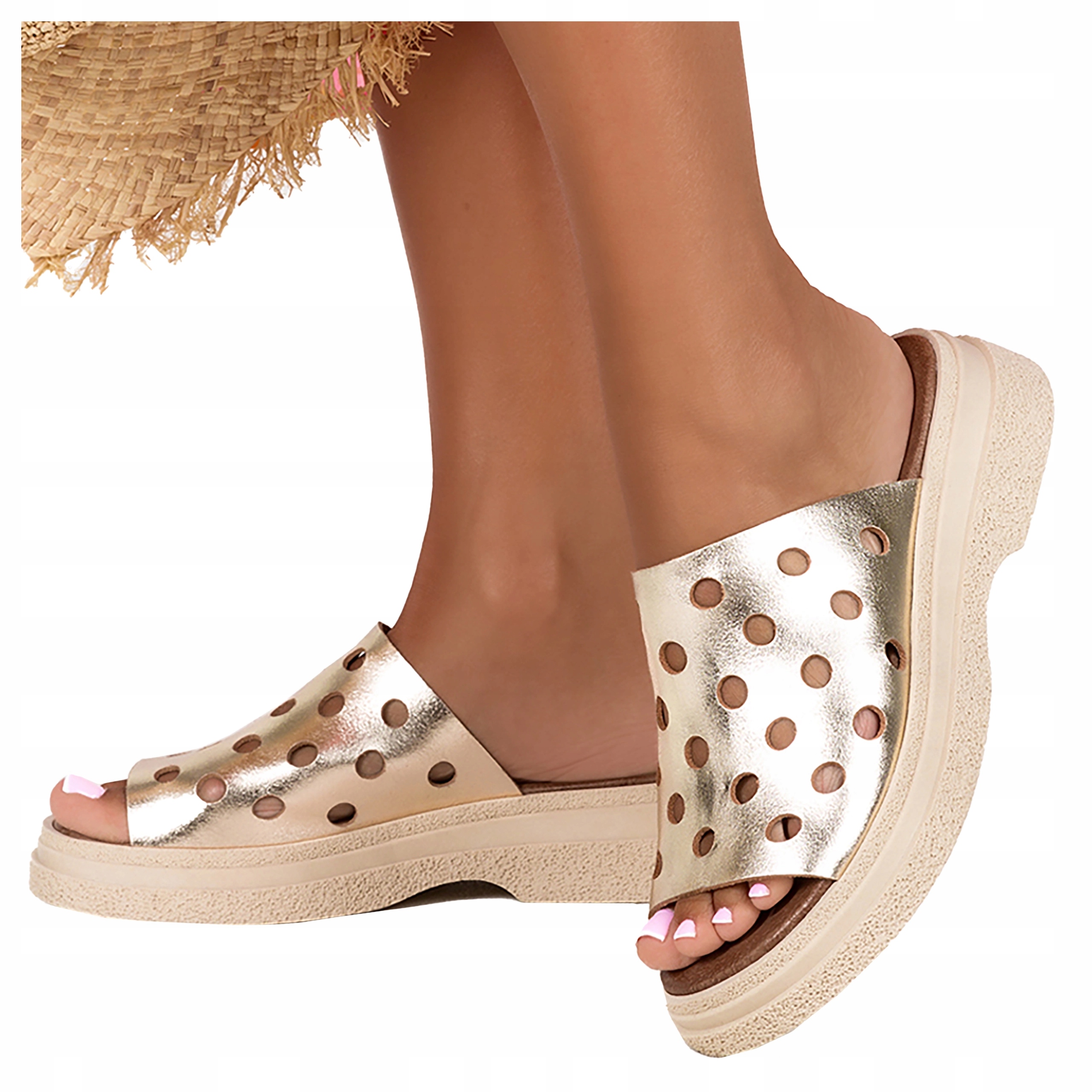 Žabky Dámské Zlaté Ažurové Kožené Koturn Nasouvací Produkt Polský vel. 38