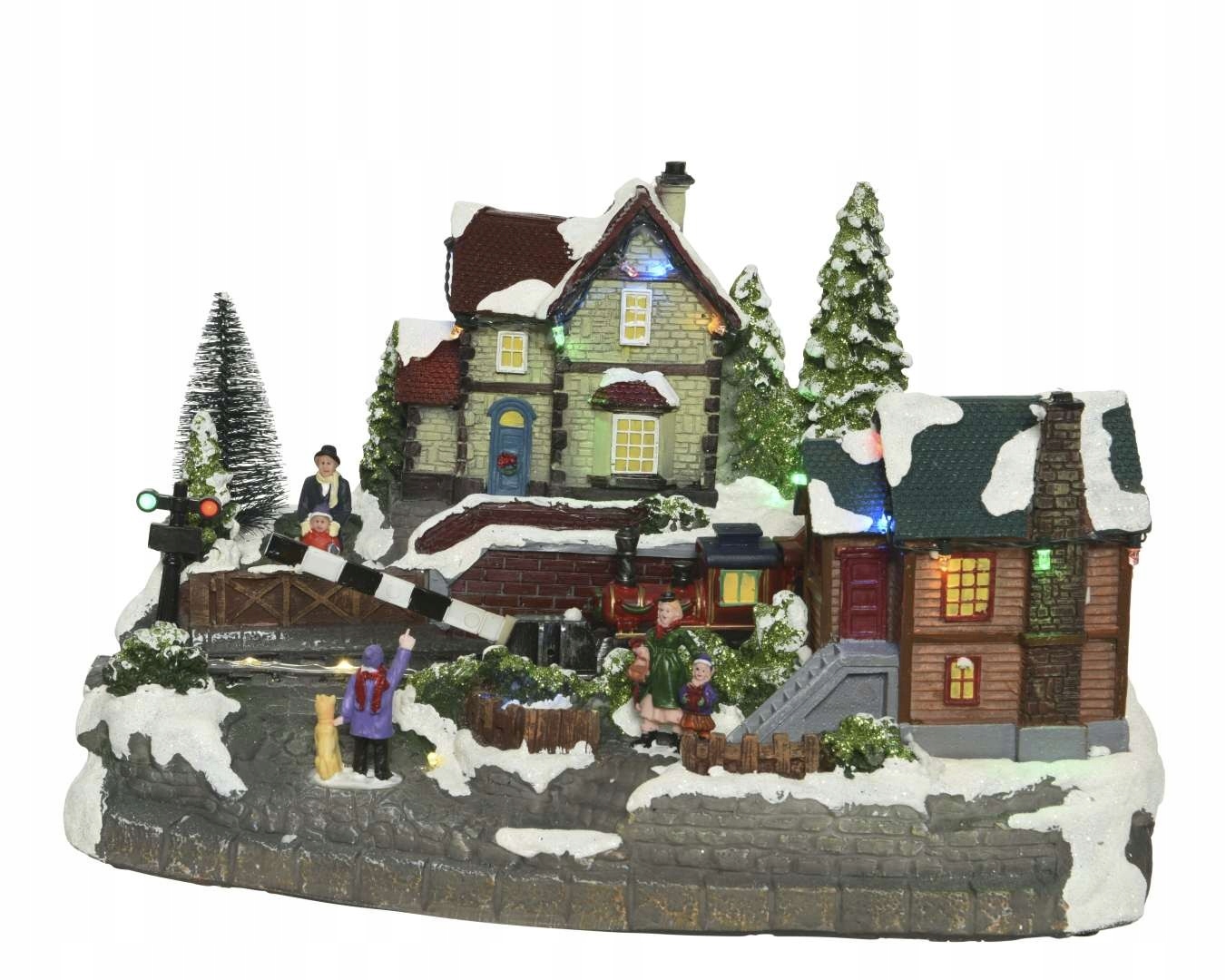 Scéna Led viacfarebný vlak domy ľudia sneh