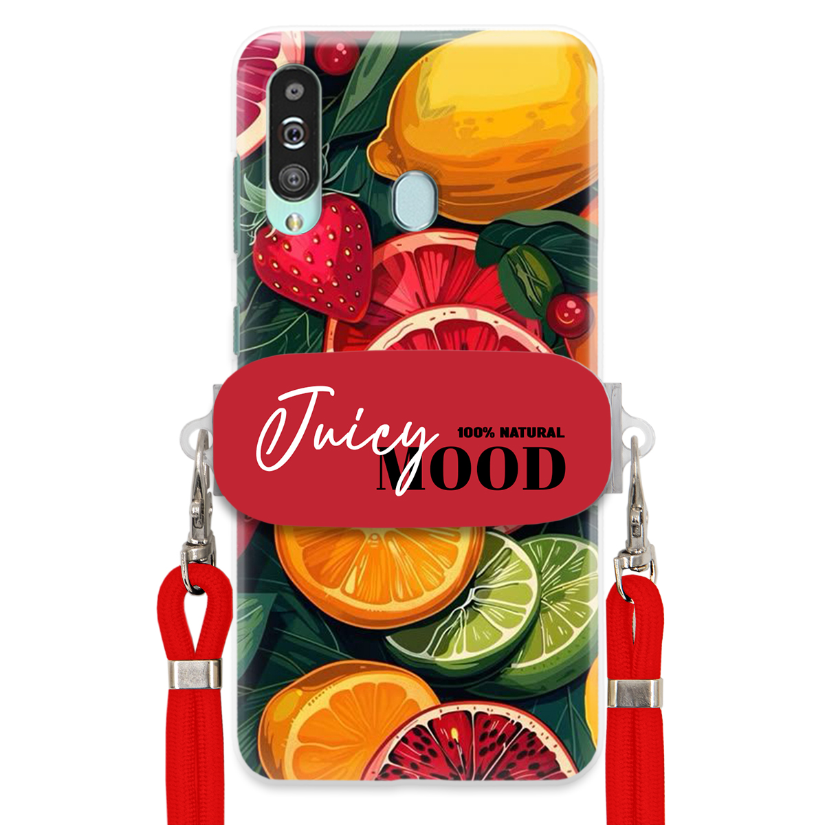 Pouzdro pro Samsung A60 Červené vodítko Crossbody+ Držák Módní Juice Mood Ovoce